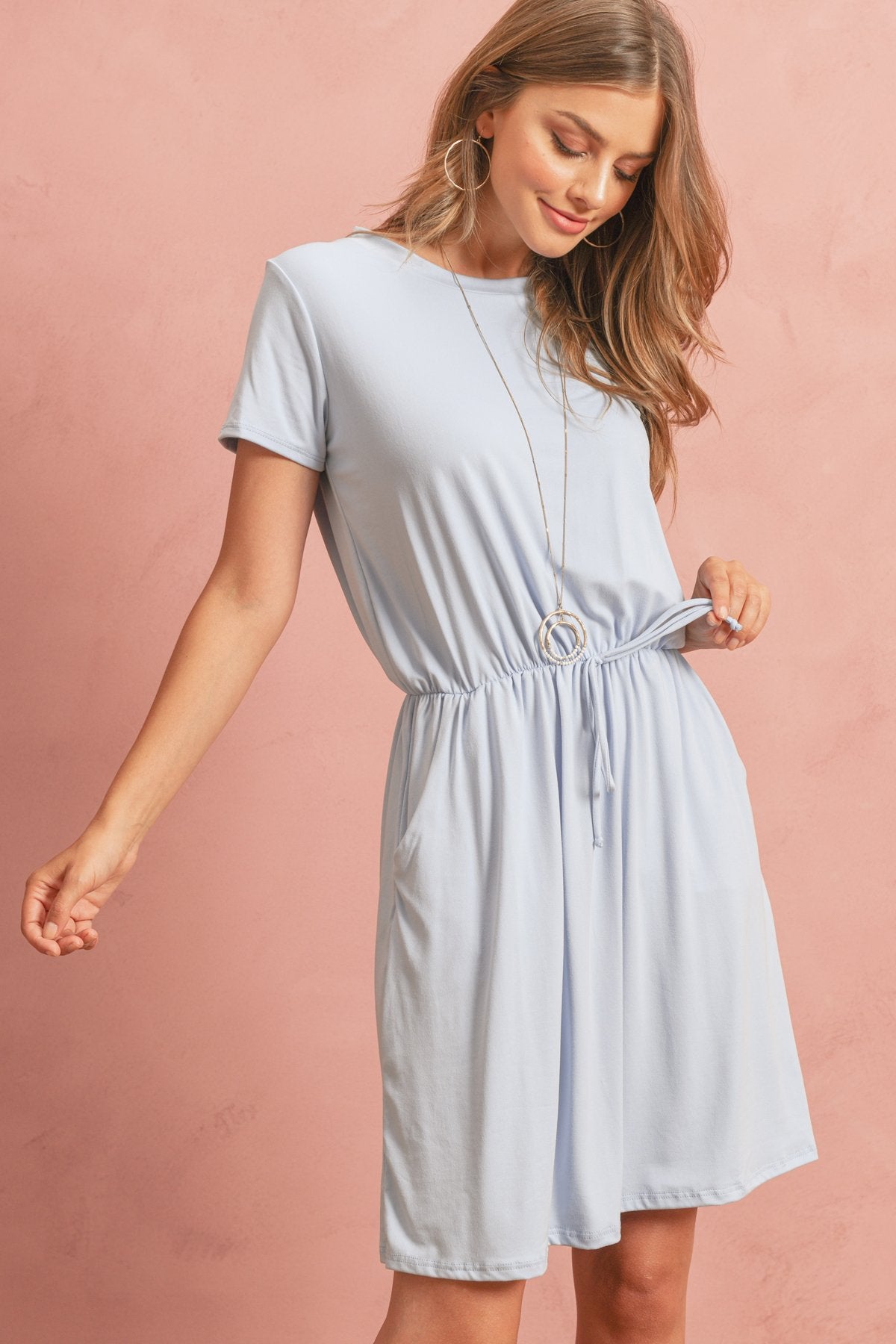 Cinch Waist Ribbon Detail Short Sleeves Solid Dress