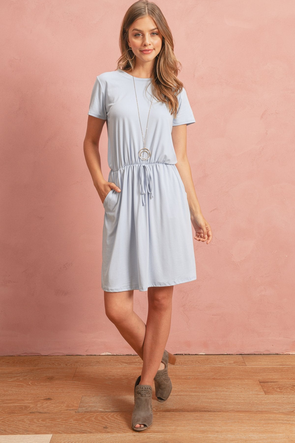 Cinch Waist Ribbon Detail Short Sleeves Solid Dress