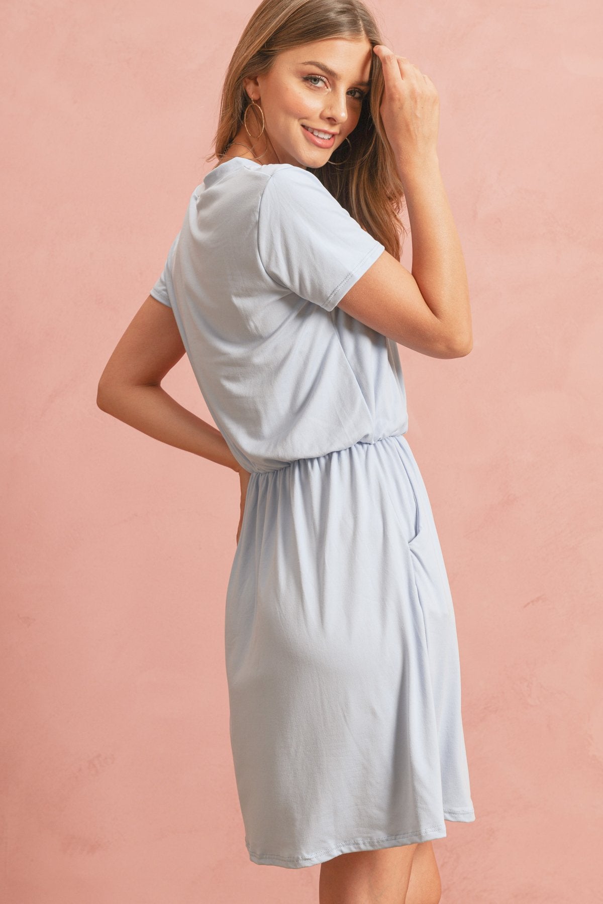 Cinch Waist Ribbon Detail Short Sleeves Solid Dress