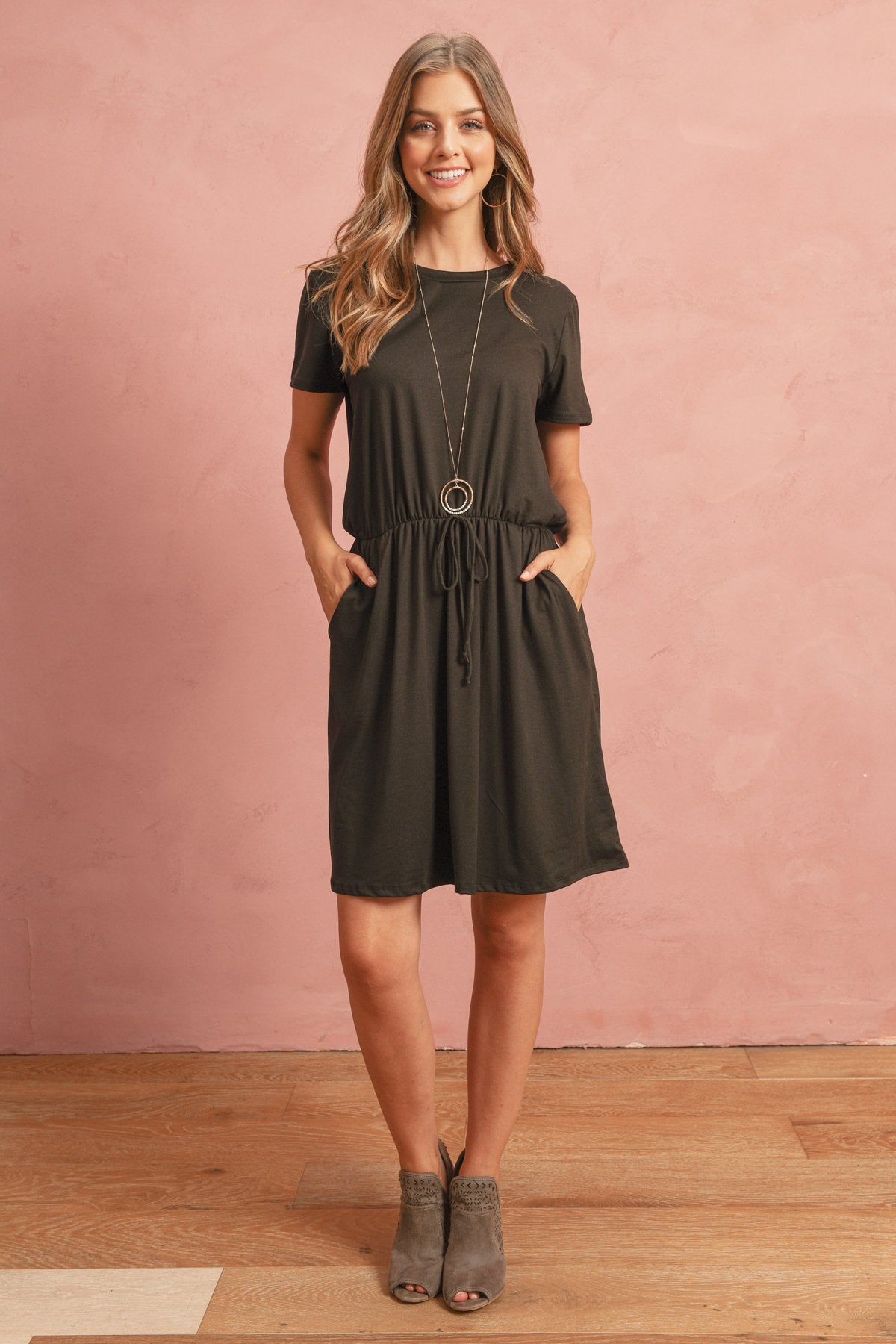 Cinch Waist Ribbon Detail Short Sleeves Solid Dress