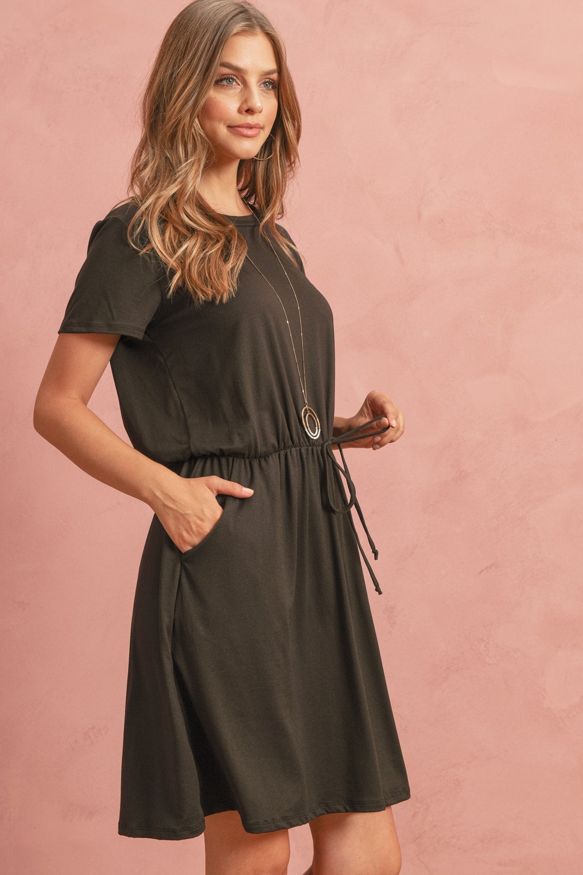 Cinch Waist Ribbon Detail Short Sleeves Solid Dress
