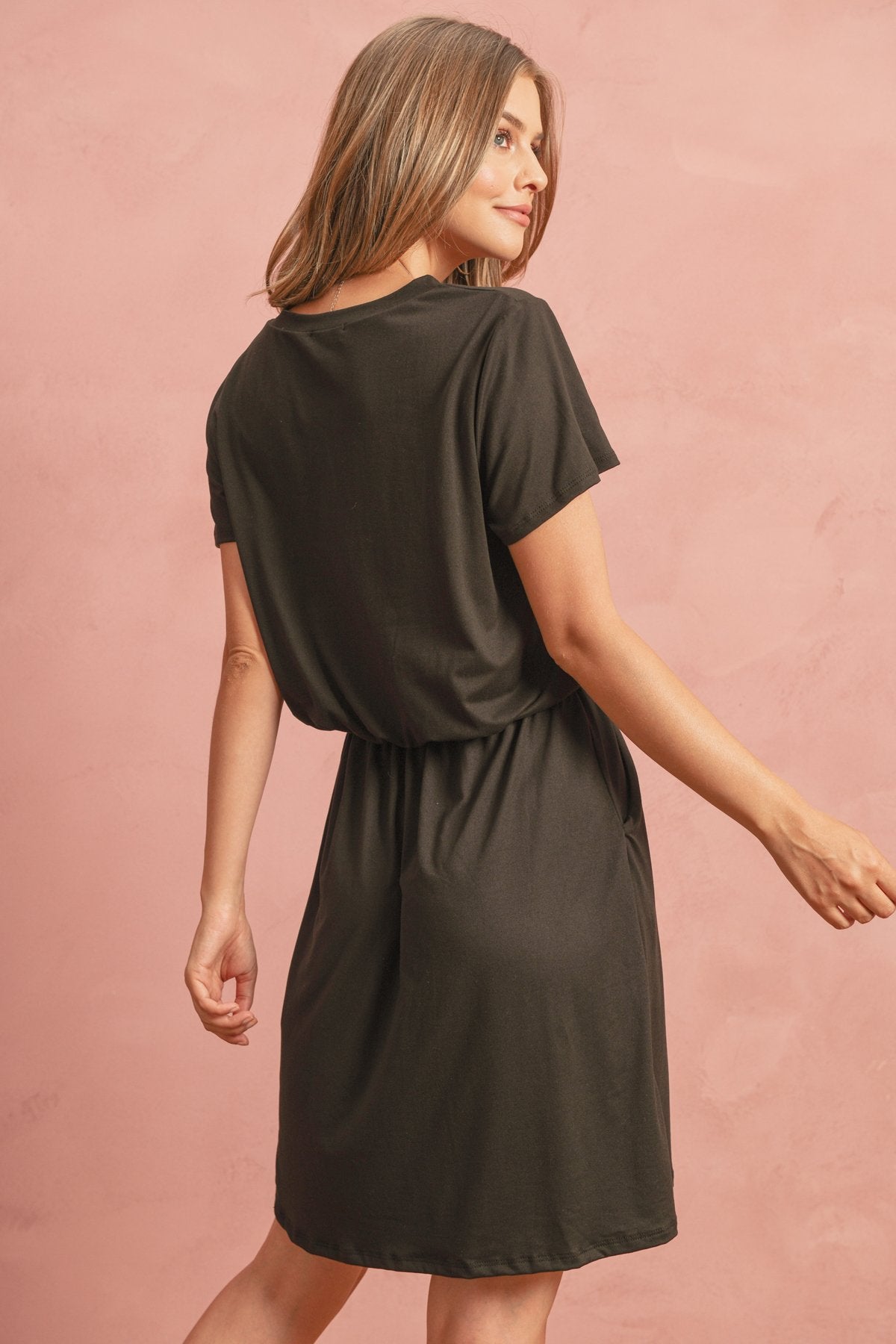 Cinch Waist Ribbon Detail Short Sleeves Solid Dress