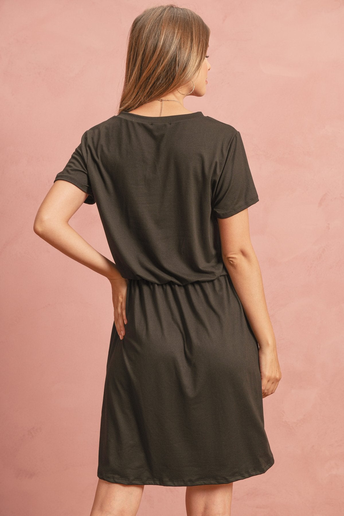 Cinch Waist Ribbon Detail Short Sleeves Solid Dress