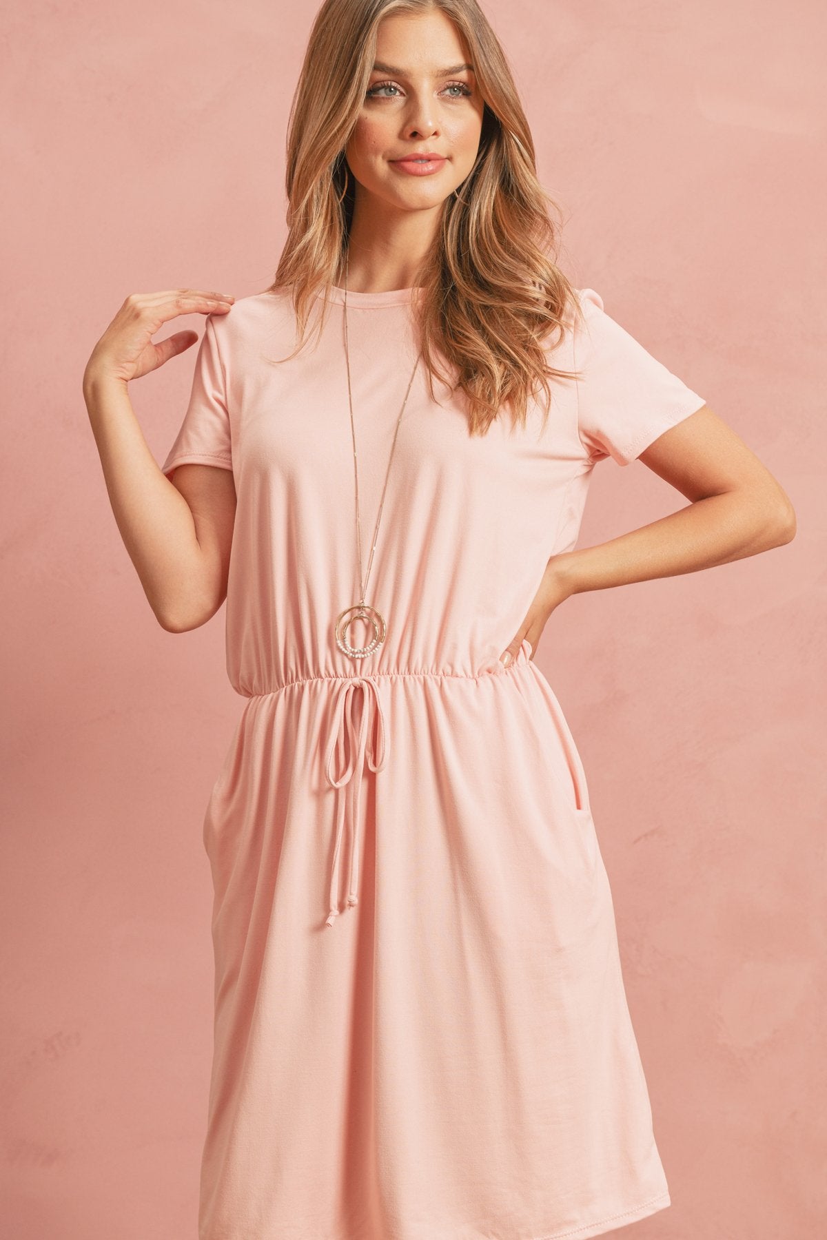 Cinch Waist Ribbon Detail Short Sleeves Solid Dress