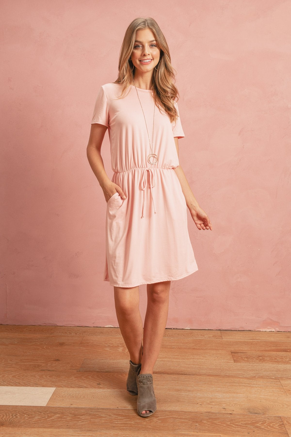 Cinch Waist Ribbon Detail Short Sleeves Solid Dress