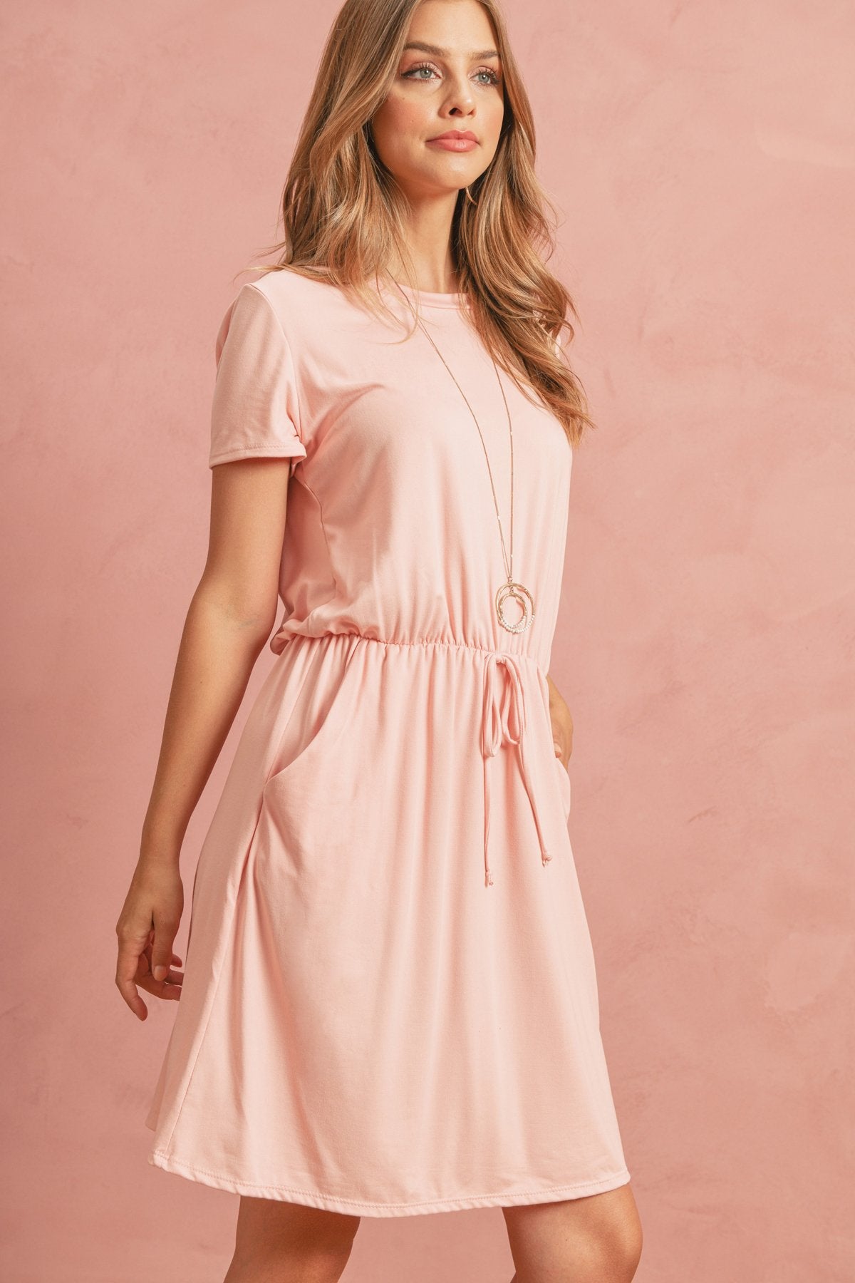 Cinch Waist Ribbon Detail Short Sleeves Solid Dress