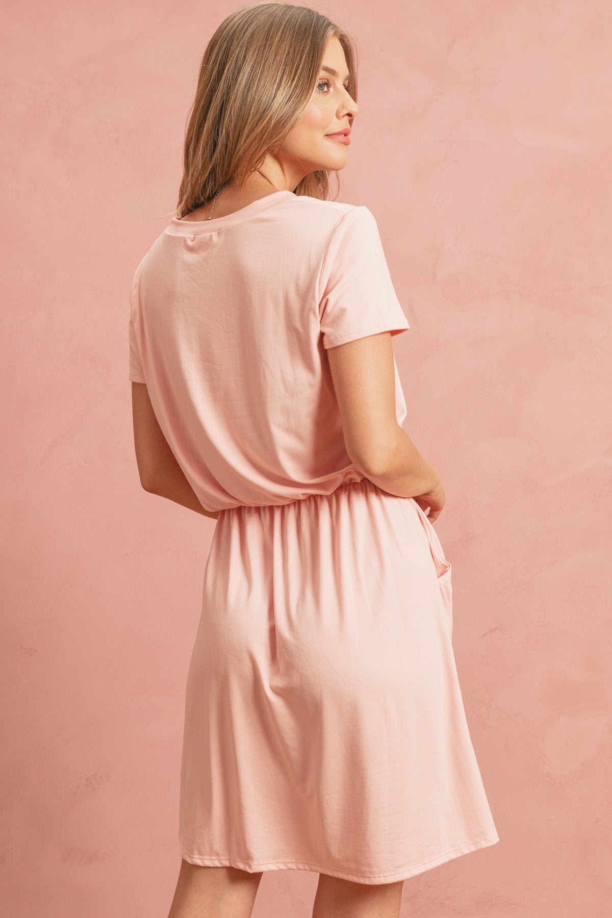 Cinch Waist Ribbon Detail Short Sleeves Solid Dress
