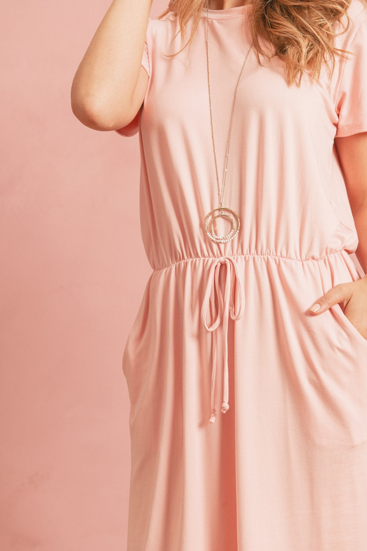 Cinch Waist Ribbon Detail Short Sleeves Solid Dress