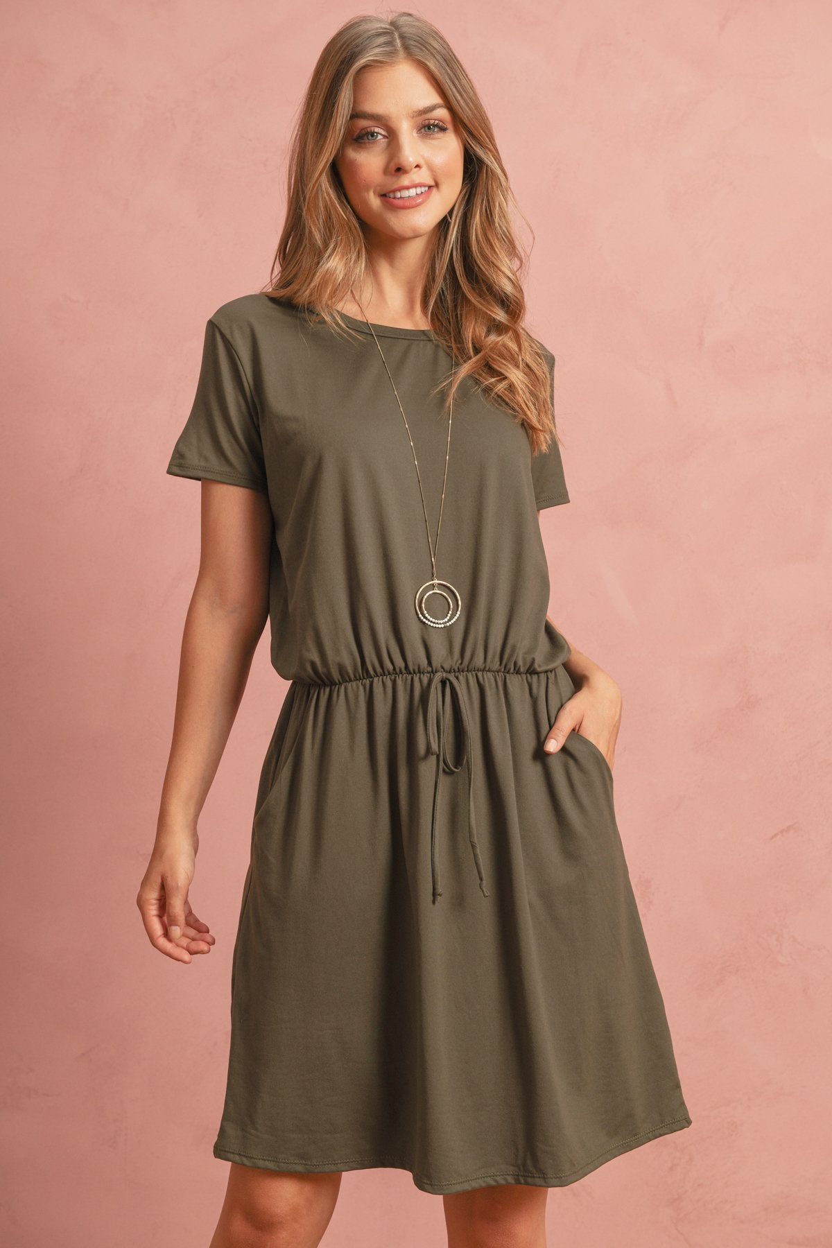 Cinch Waist Ribbon Detail Short Sleeves Solid Dress