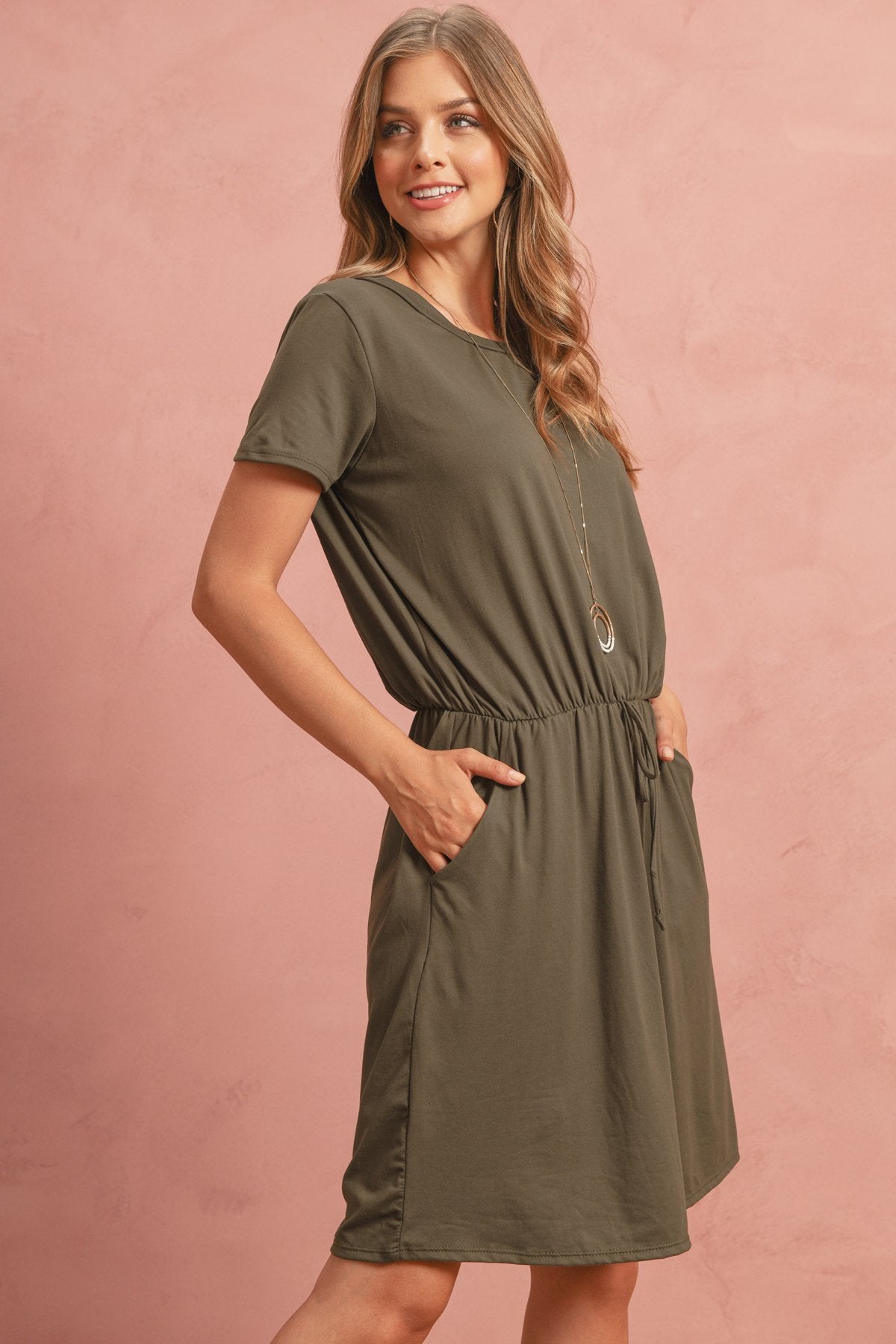 Cinch Waist Ribbon Detail Short Sleeves Solid Dress