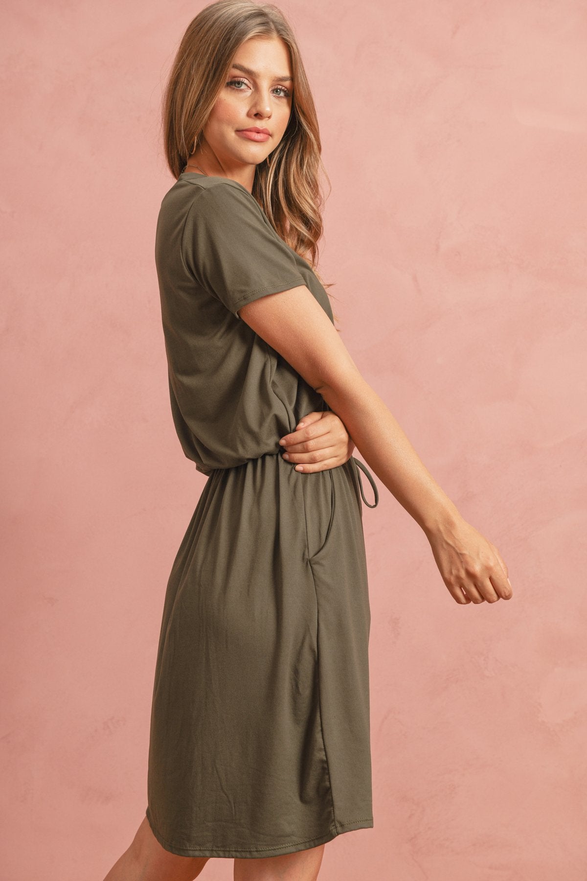 Cinch Waist Ribbon Detail Short Sleeves Solid Dress
