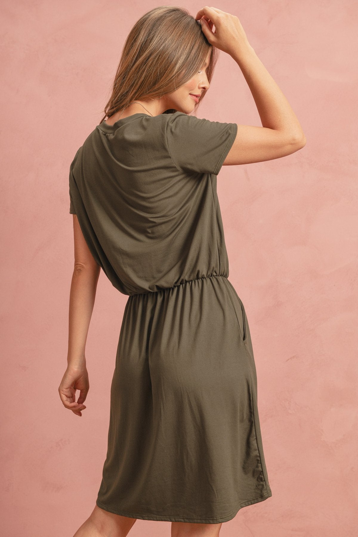 Cinch Waist Ribbon Detail Short Sleeves Solid Dress