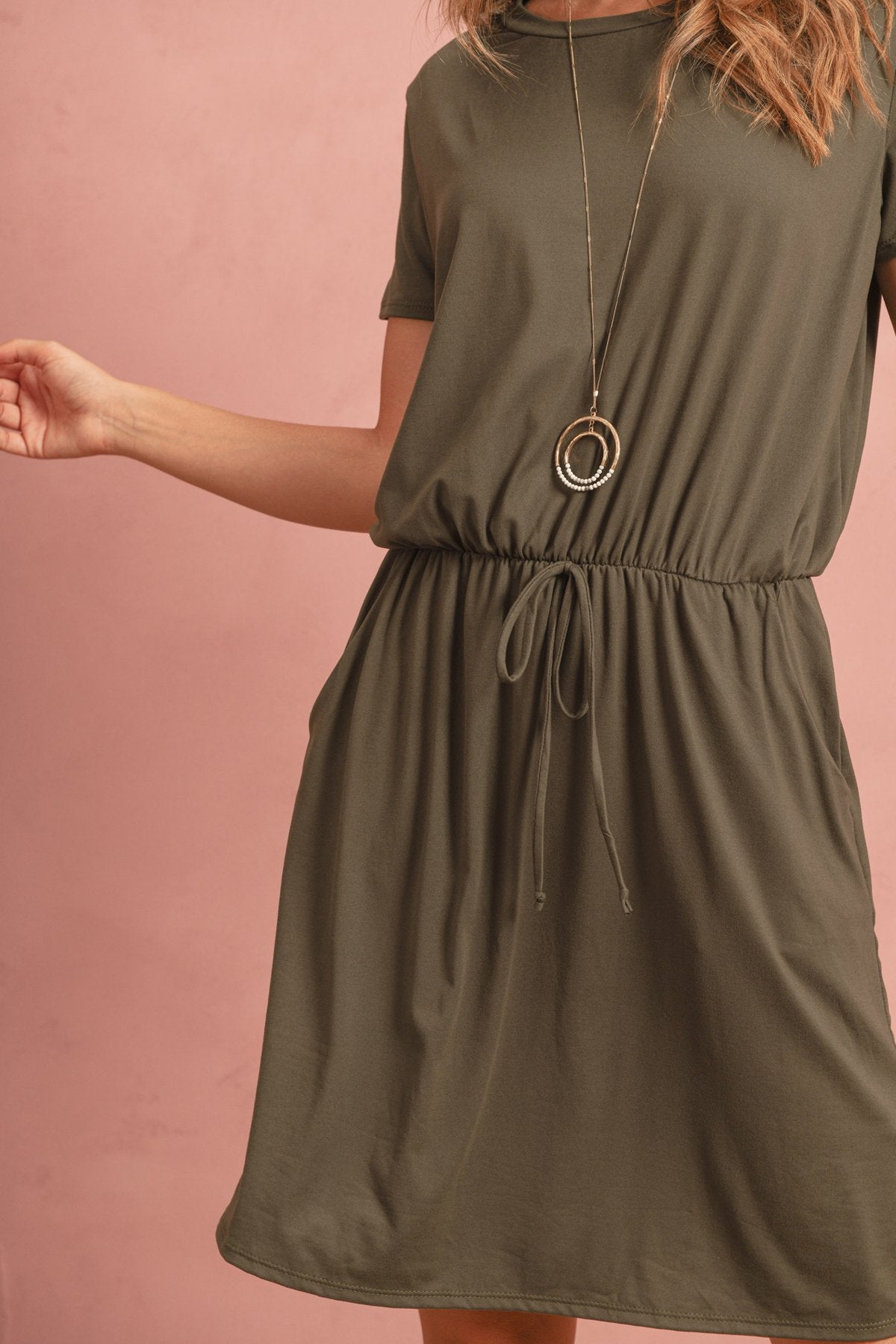 Cinch Waist Ribbon Detail Short Sleeves Solid Dress