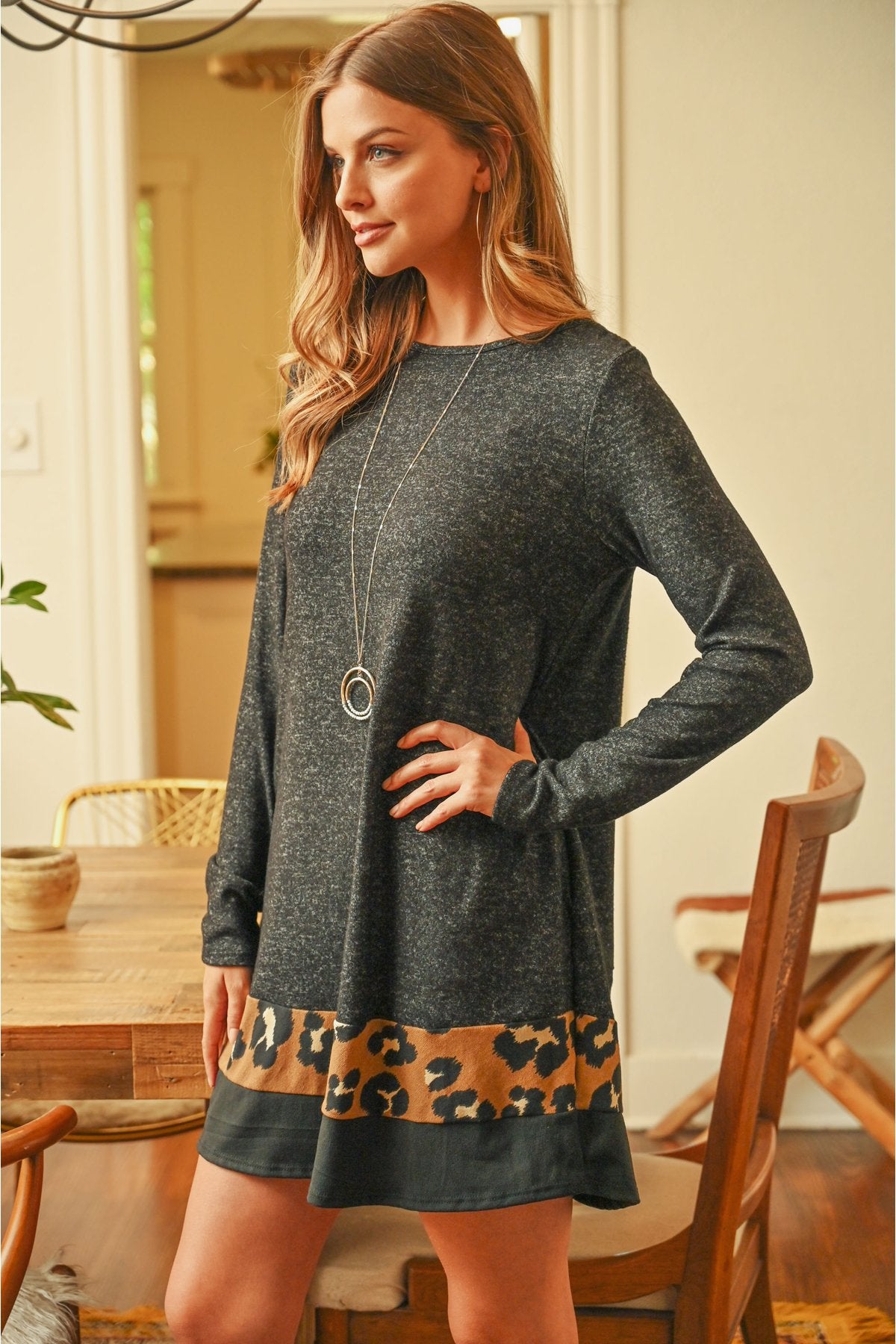 Long Sleeve Leopard Contrast Dress