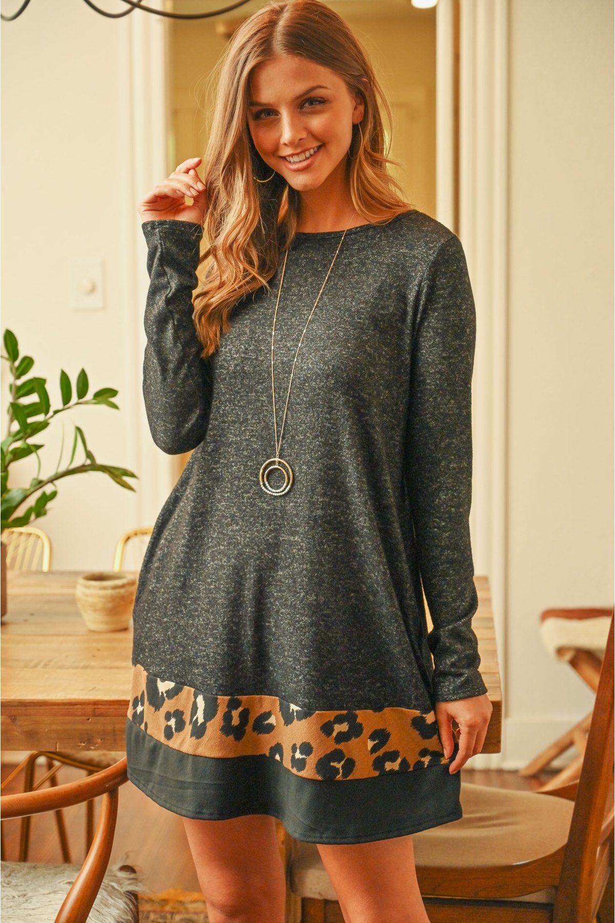 Long Sleeve Leopard Contrast Dress