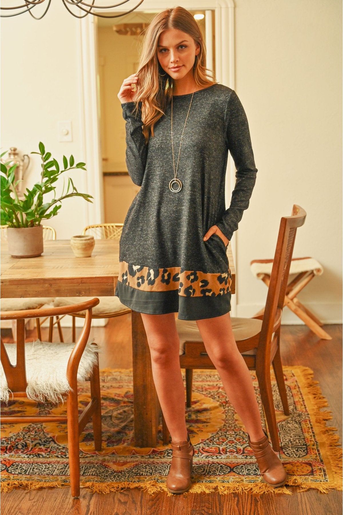 Long Sleeve Leopard Contrast Dress