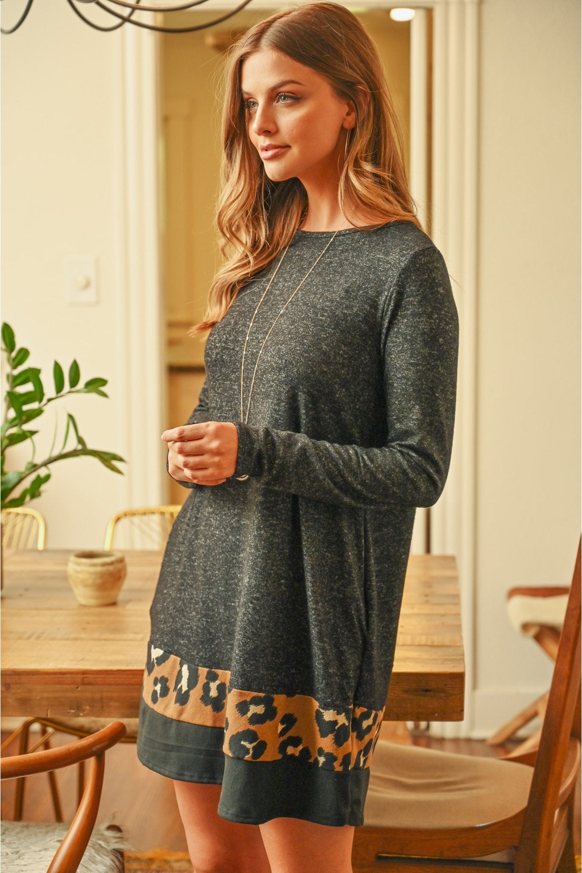 Long Sleeve Leopard Contrast Dress