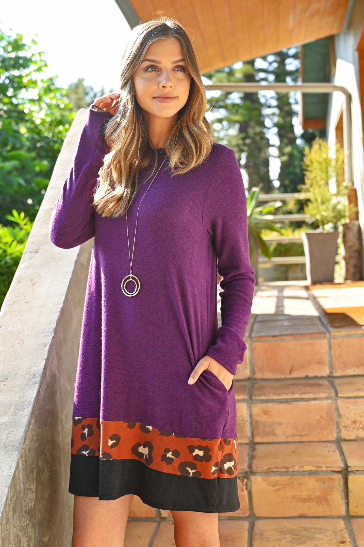 Long Sleeve Leopard Contrast Dress