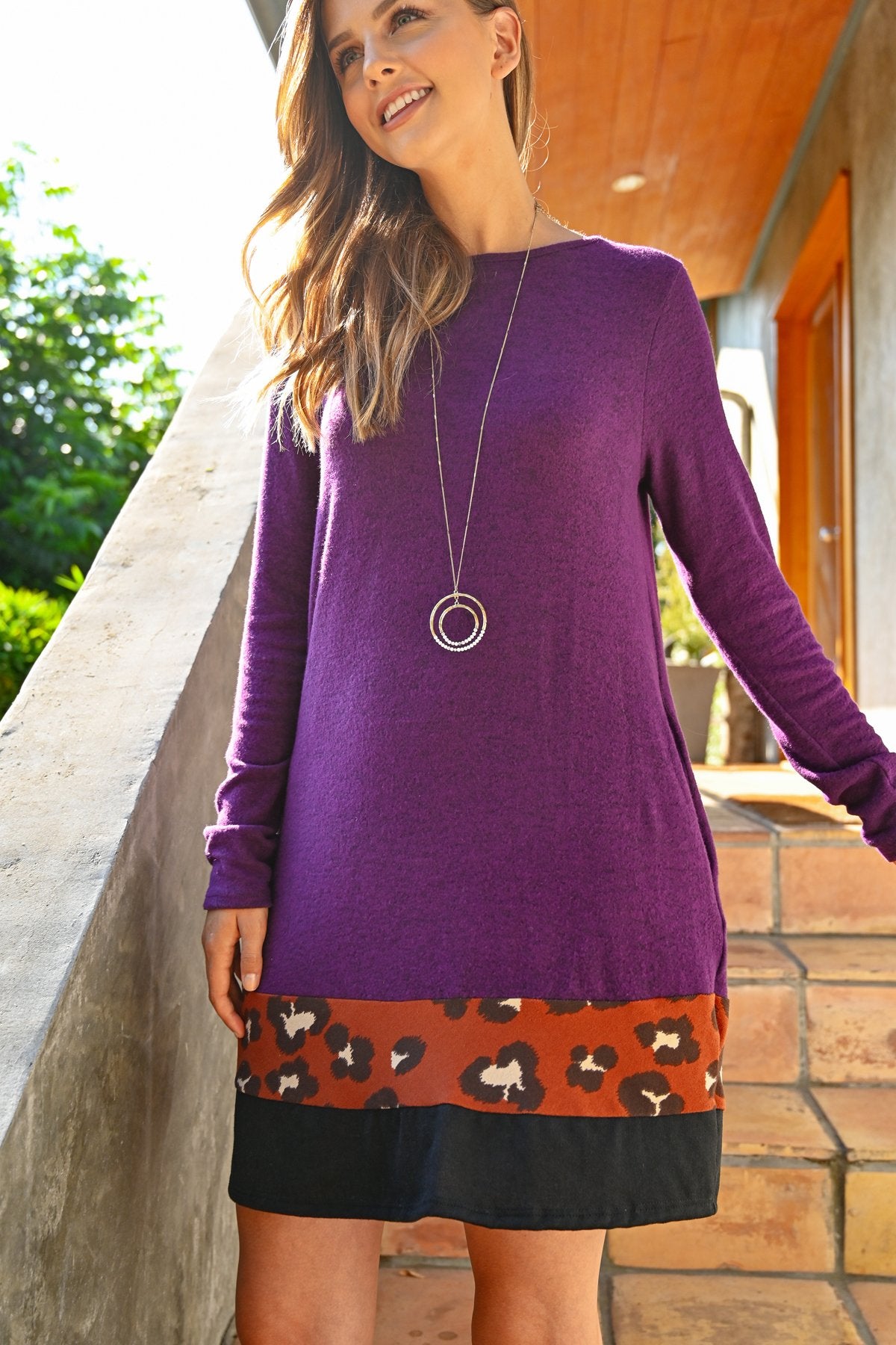 Long Sleeve Leopard Contrast Dress