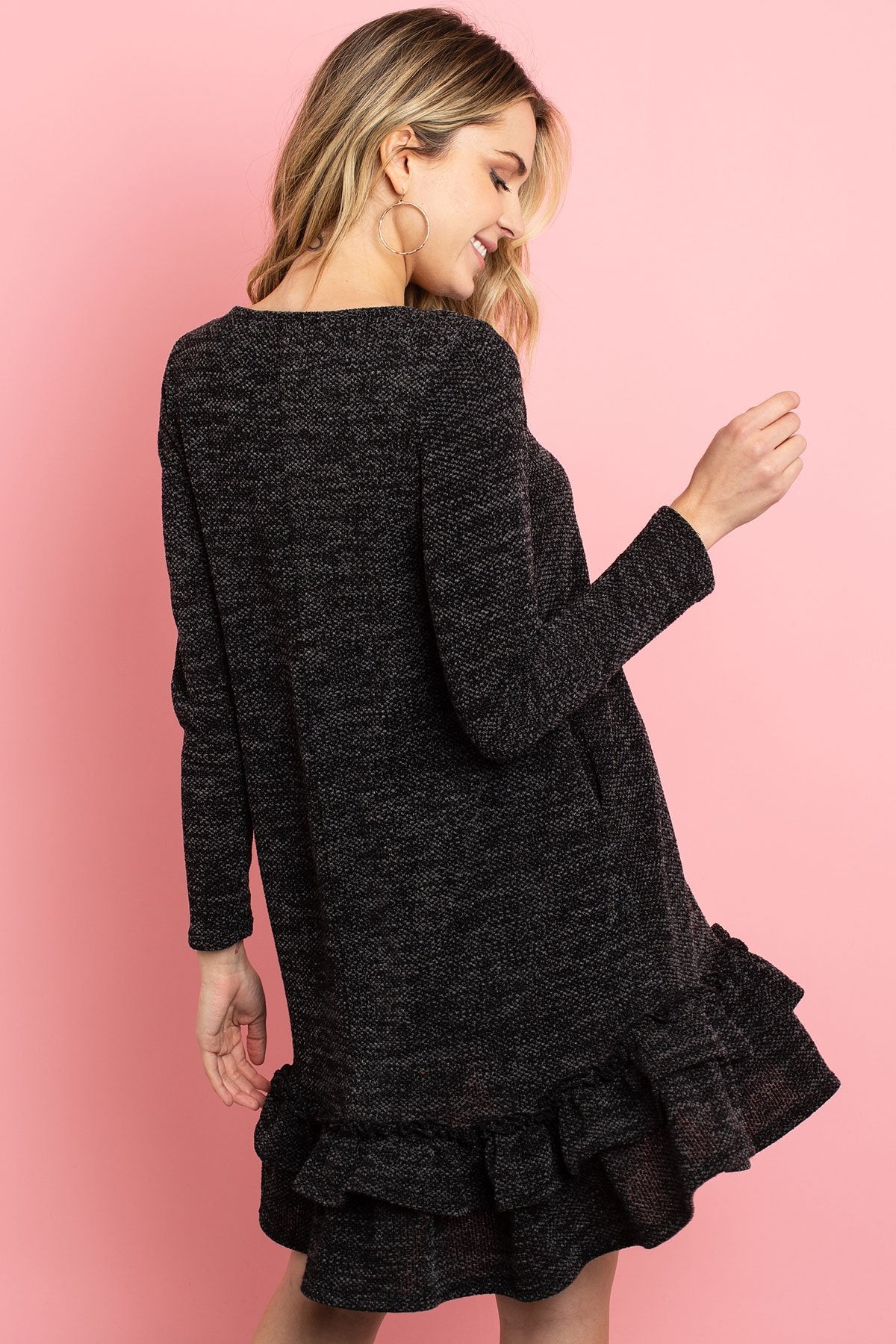Quarter Sleeve Drake Layered Ruffle Hem Dress