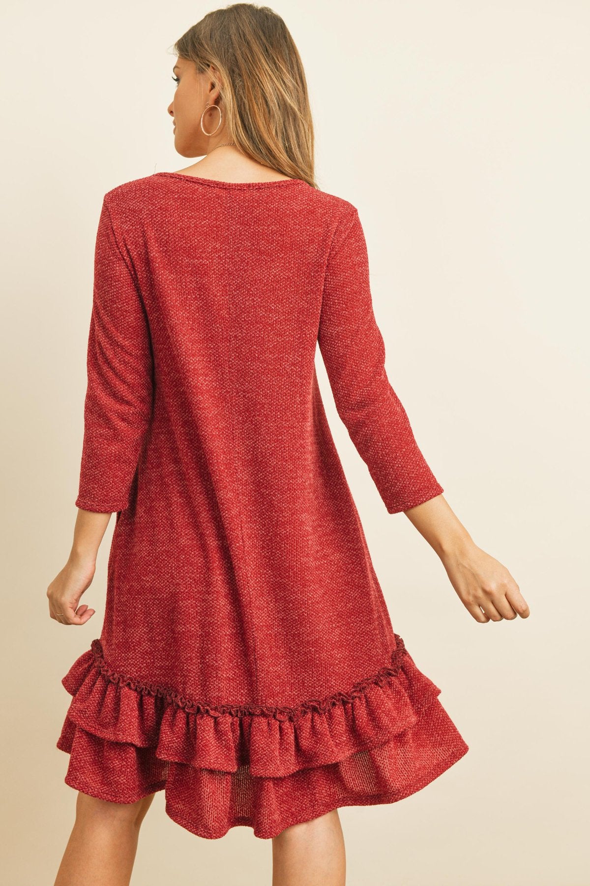 Quarter Sleeve Drake Layered Ruffle Hem Dress