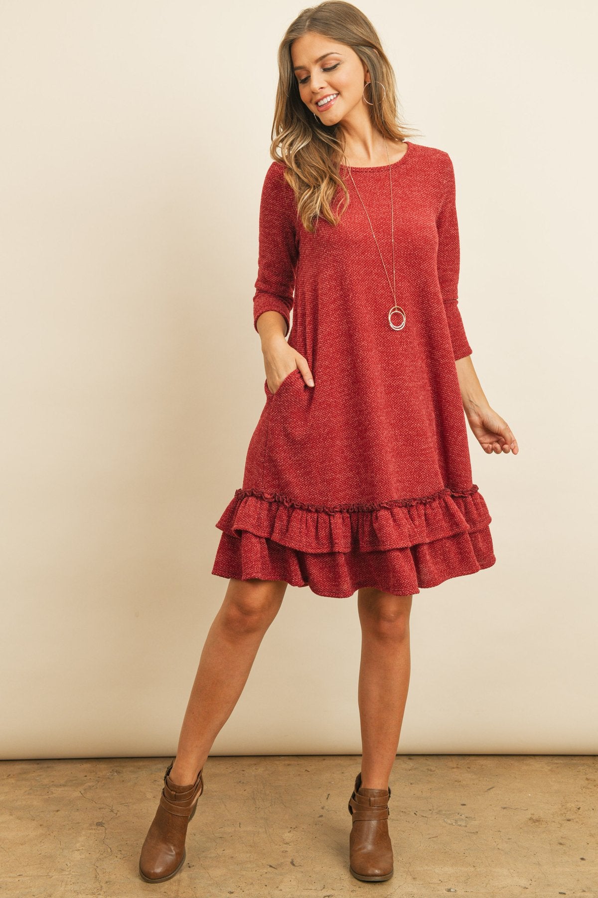 Quarter Sleeve Drake Layered Ruffle Hem Dress