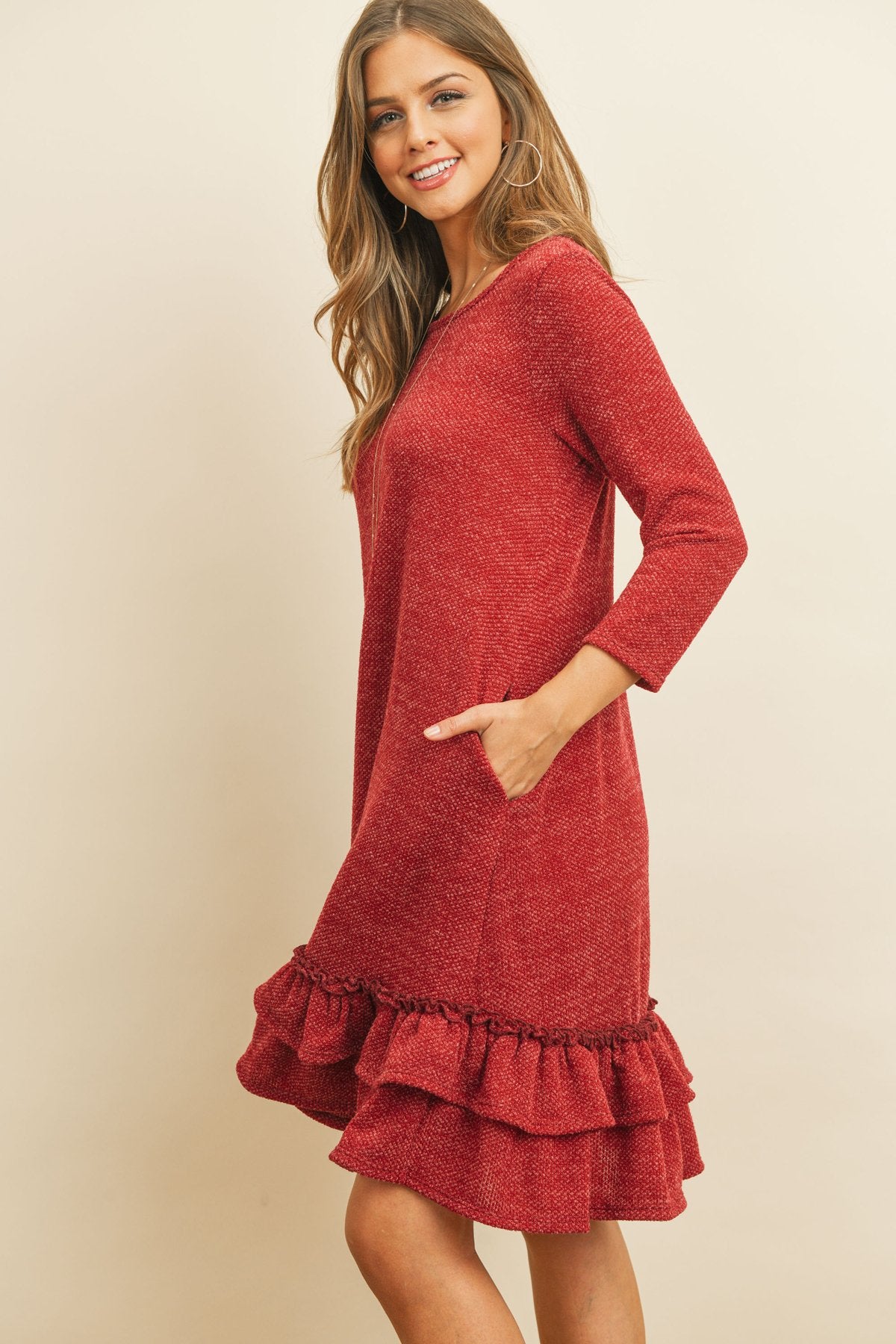 Quarter Sleeve Drake Layered Ruffle Hem Dress