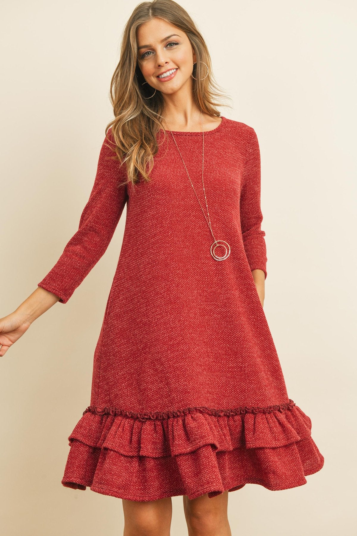 Quarter Sleeve Drake Layered Ruffle Hem Dress