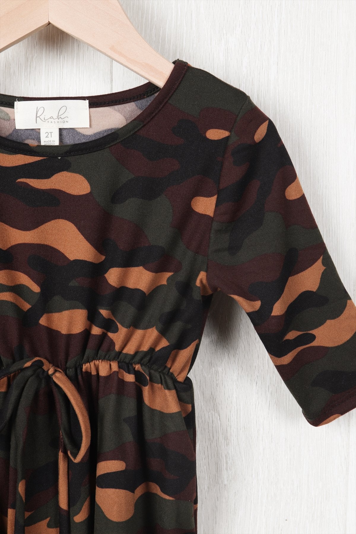 Toddler Girls Quarter Sleeved Cinch Waist Self Tie Front Camo Dress