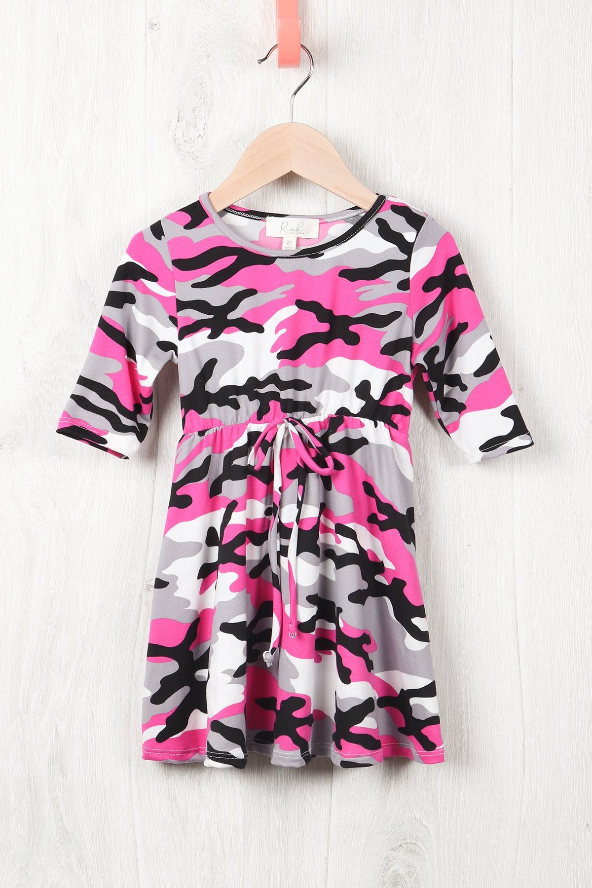 Toddler Girls Quarter Sleeved Cinch Waist Self Tie Front Camo Dress