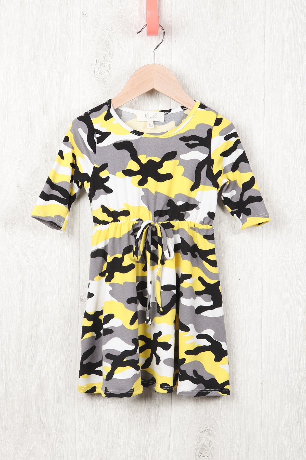 Toddler Girls Quarter Sleeved Cinch Waist Self Tie Front Camo Dress