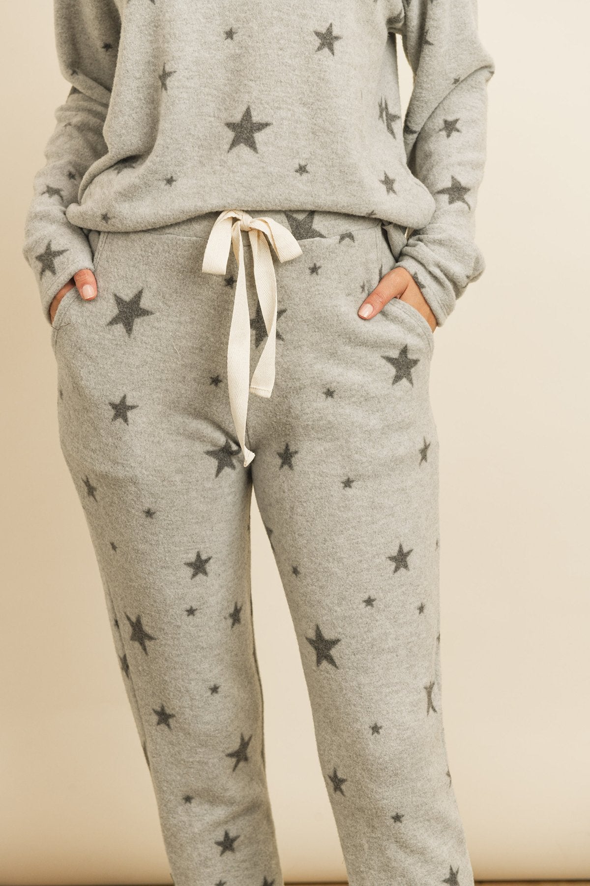 Star Print Brushed Top and Joggers Set With Self Tie