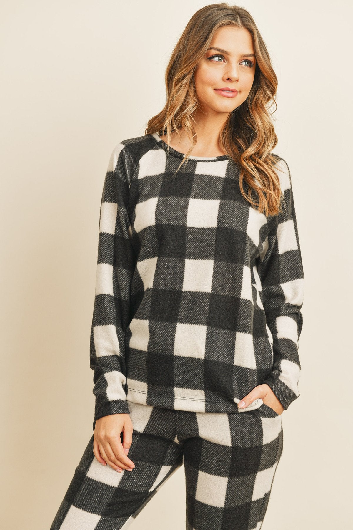 Brushed Plaid Top and Joggers Set With Self Tie