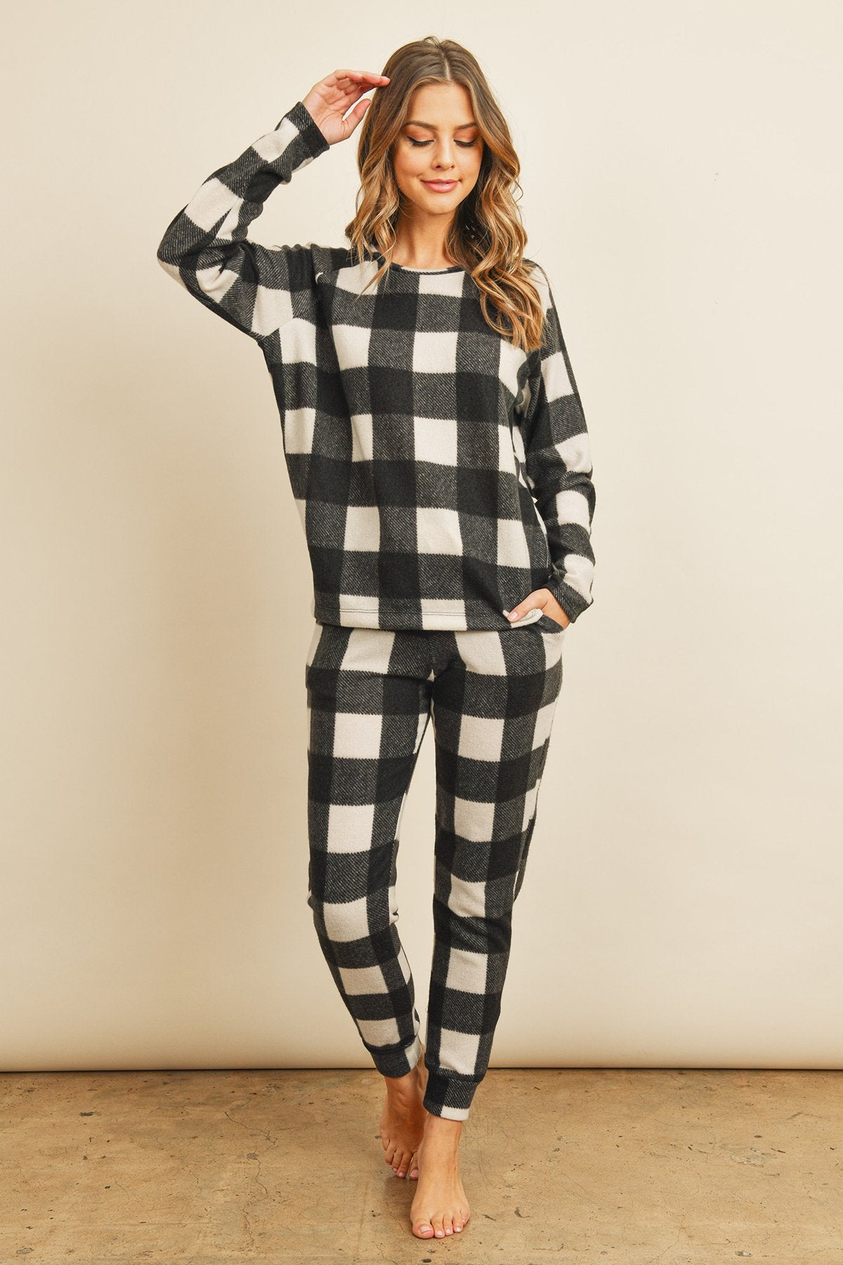 Brushed Plaid Top and Joggers Set With Self Tie