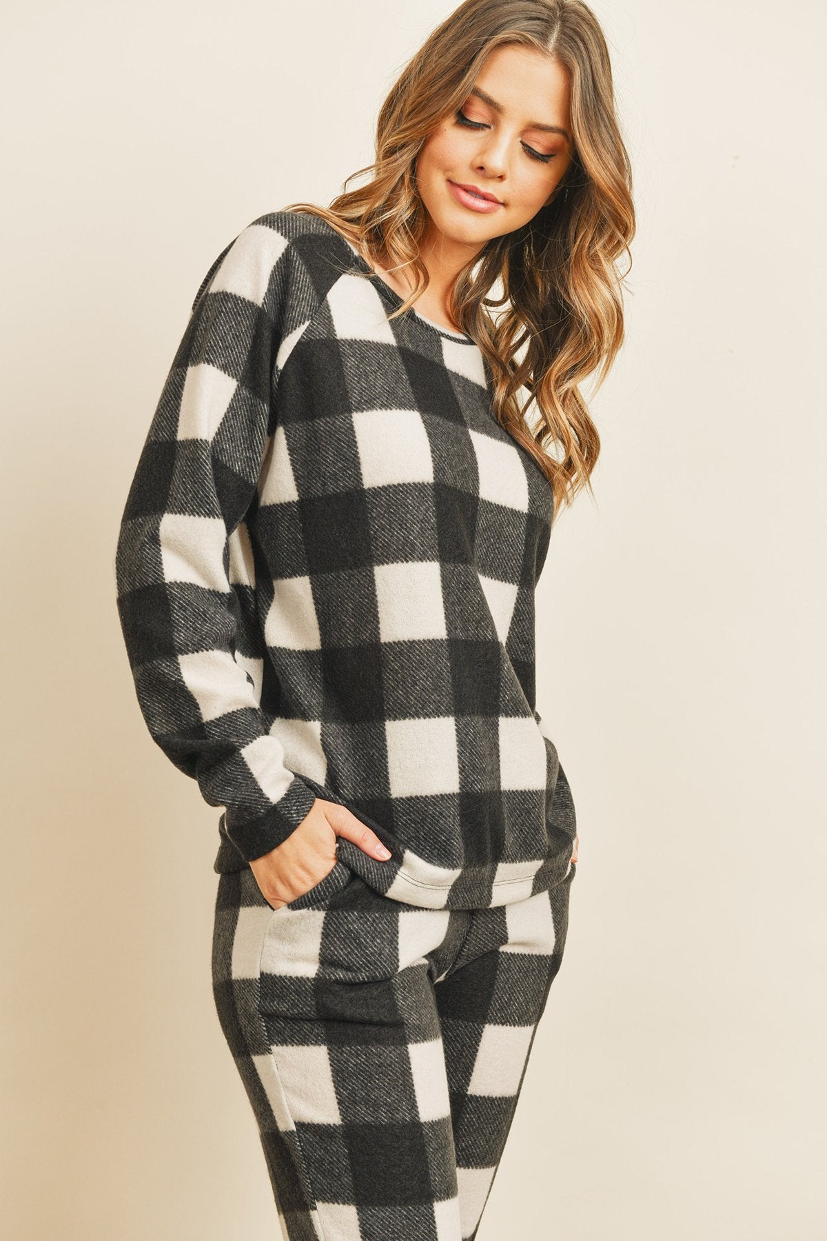 Brushed Plaid Top and Joggers Set With Self Tie
