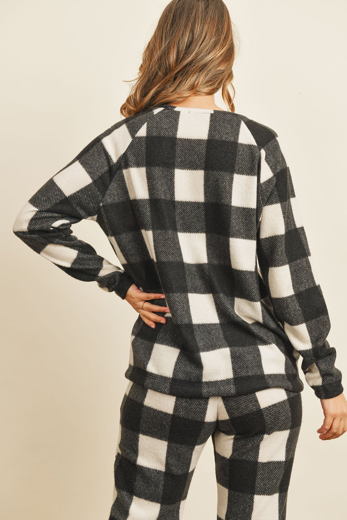 Brushed Plaid Top and Joggers Set With Self Tie