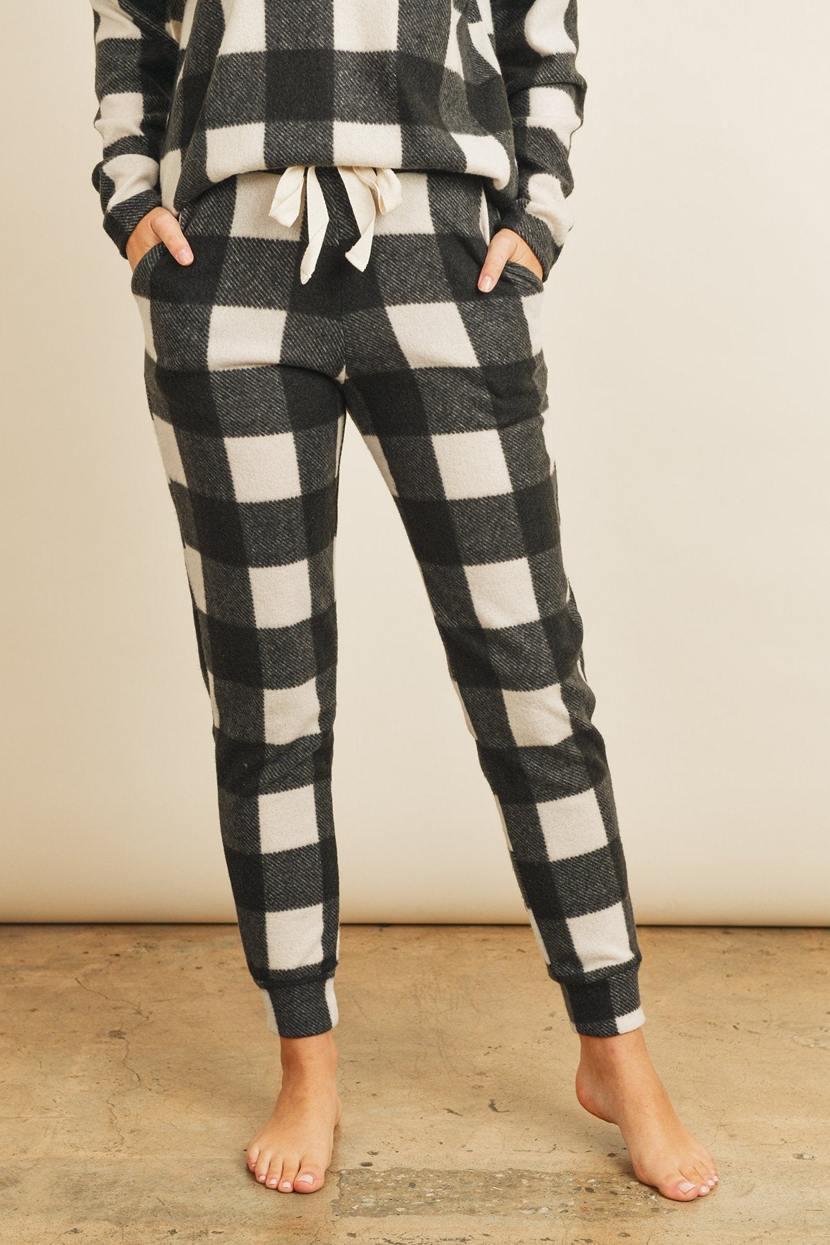Brushed Plaid Top and Joggers Set With Self Tie