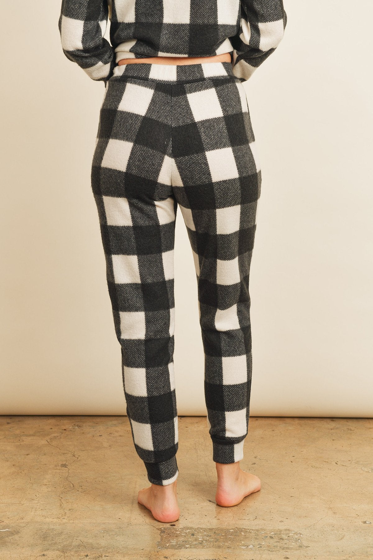 Brushed Plaid Top and Joggers Set With Self Tie