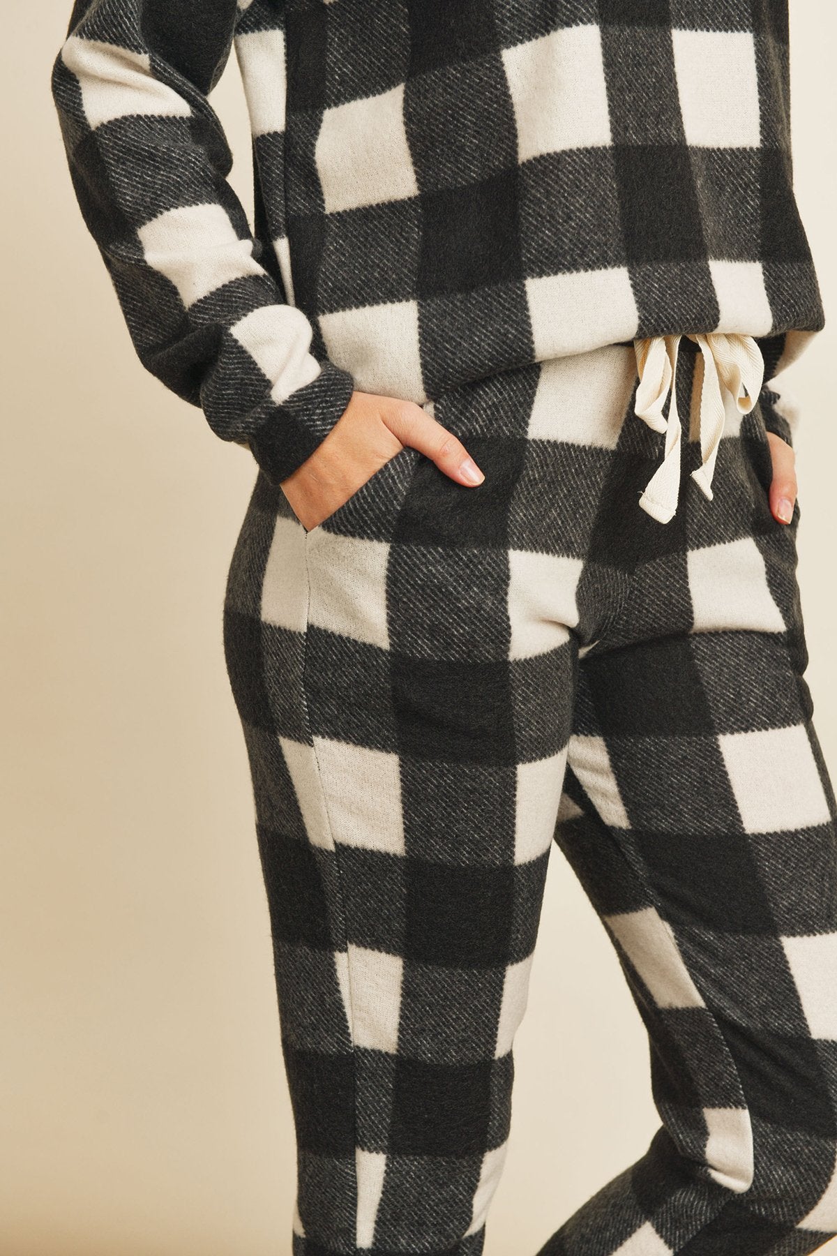 Brushed Plaid Top and Joggers Set With Self Tie