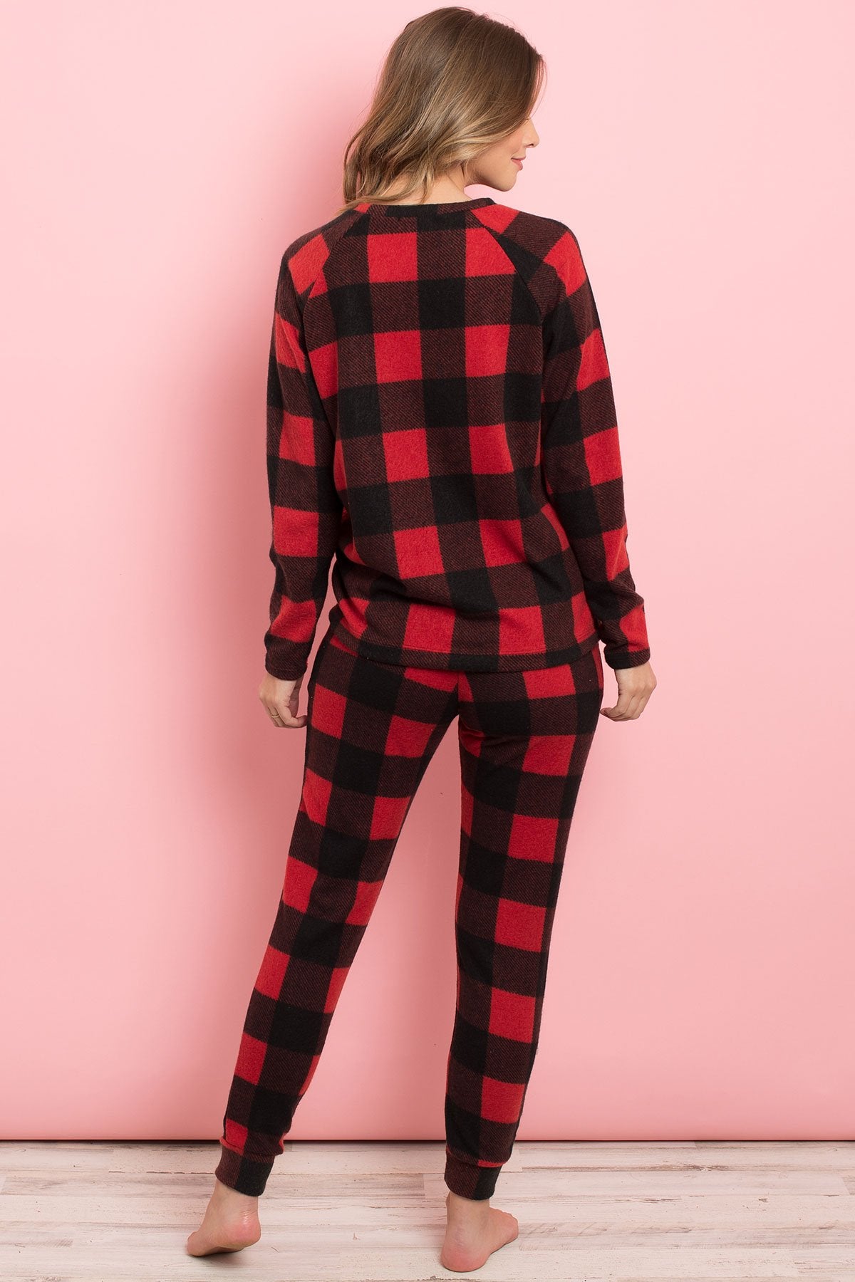 Brushed Plaid Top and Joggers Set With Self Tie