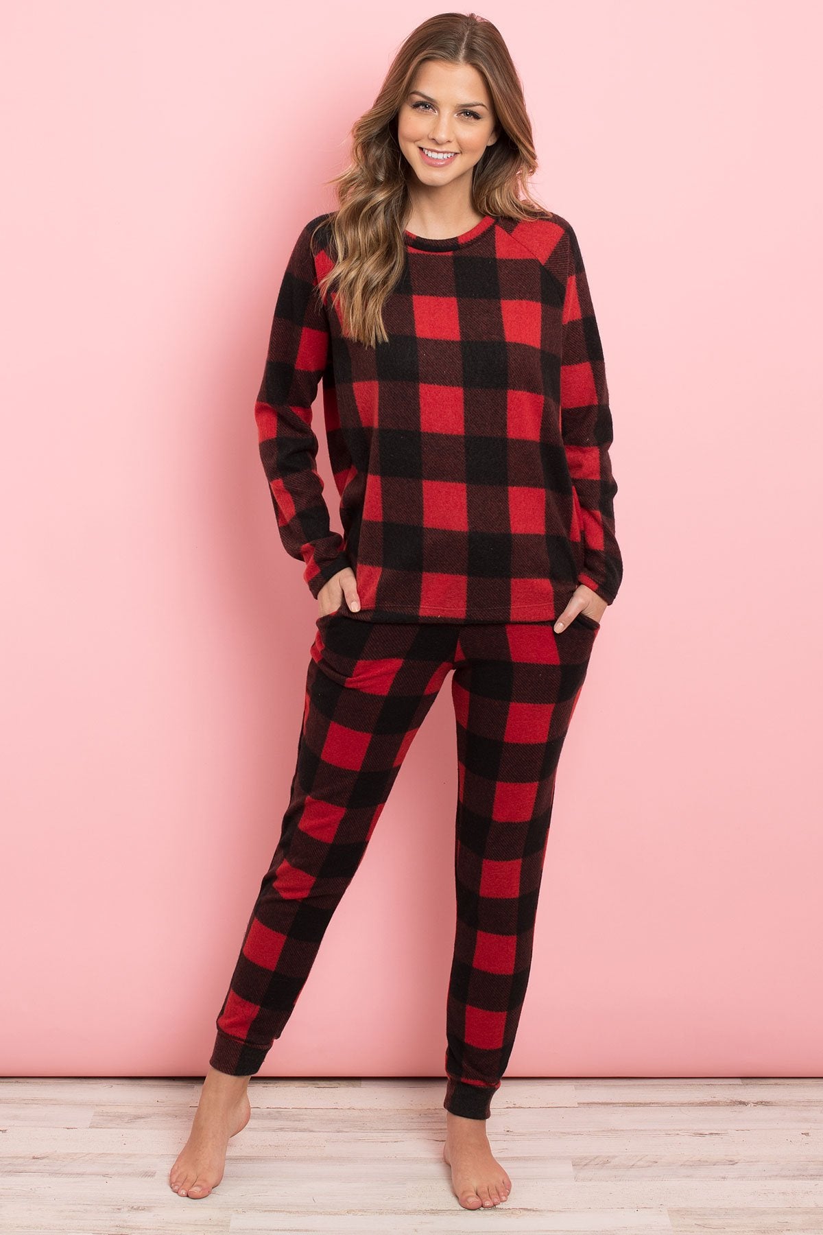 Brushed Plaid Top and Joggers Set With Self Tie