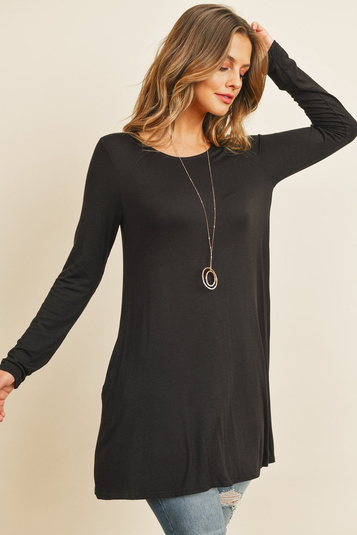 Solid Long Sleeve Top With Inseam Pocket