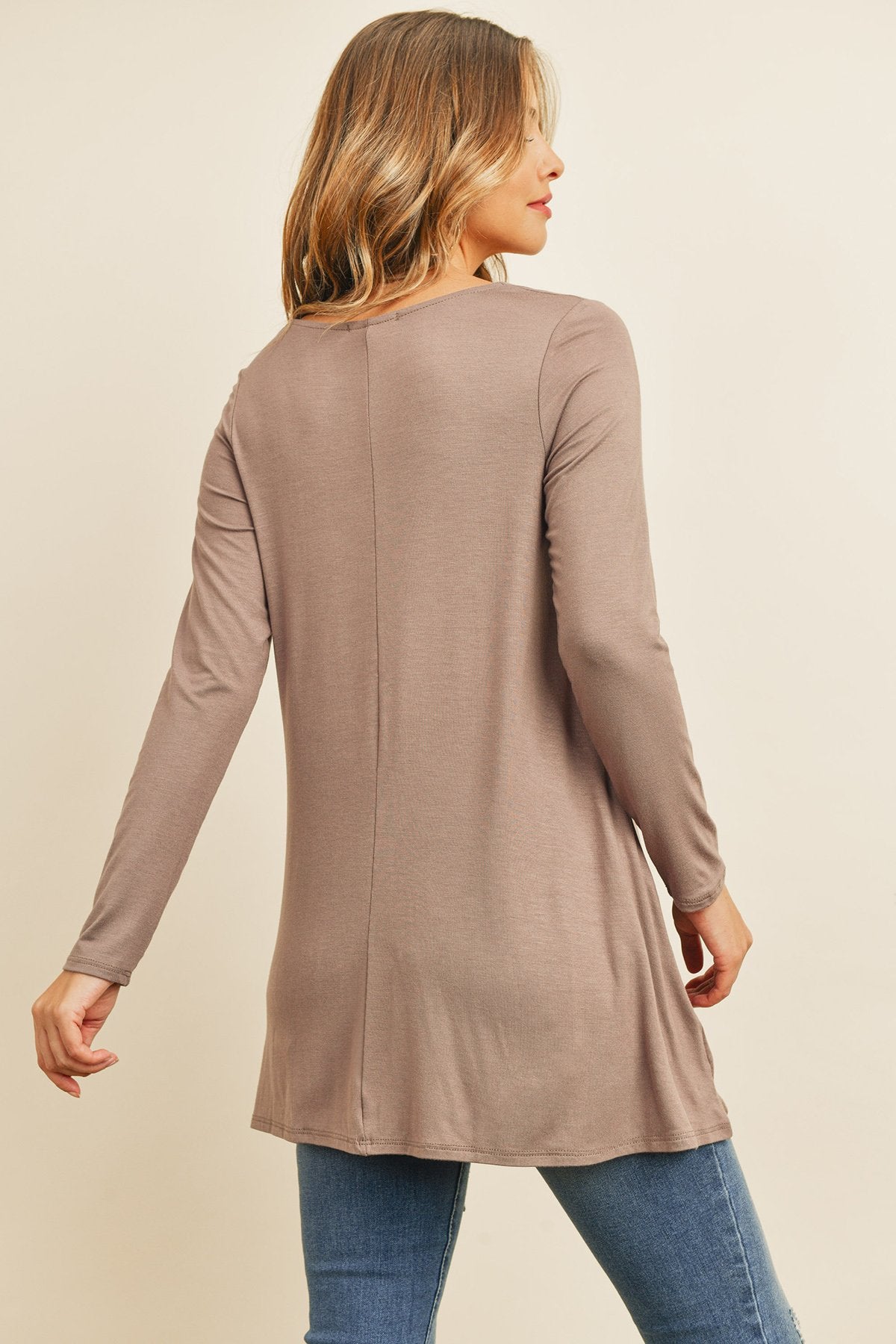 Solid Long Sleeve Top With Inseam Pocket