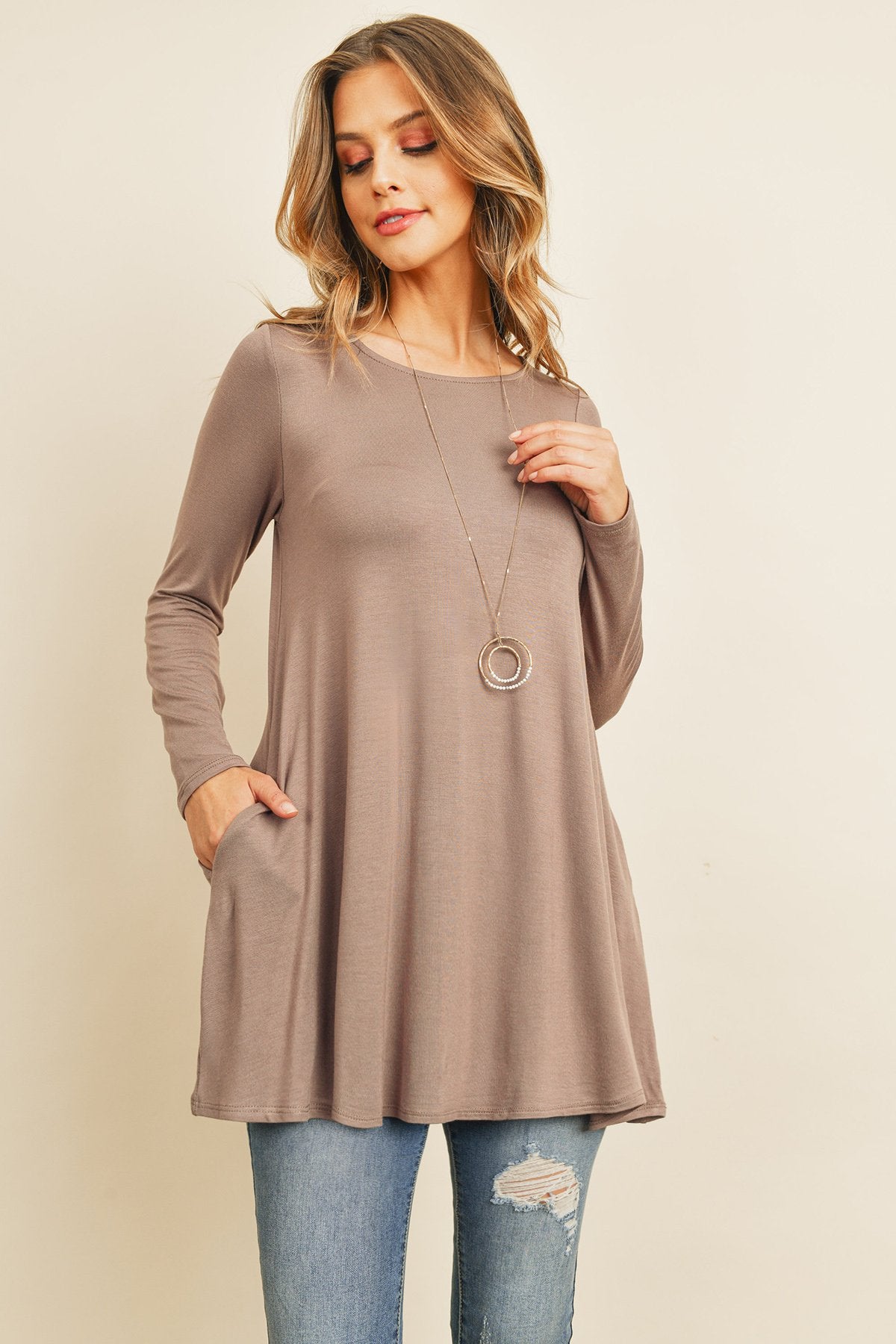 Solid Long Sleeve Top With Inseam Pocket