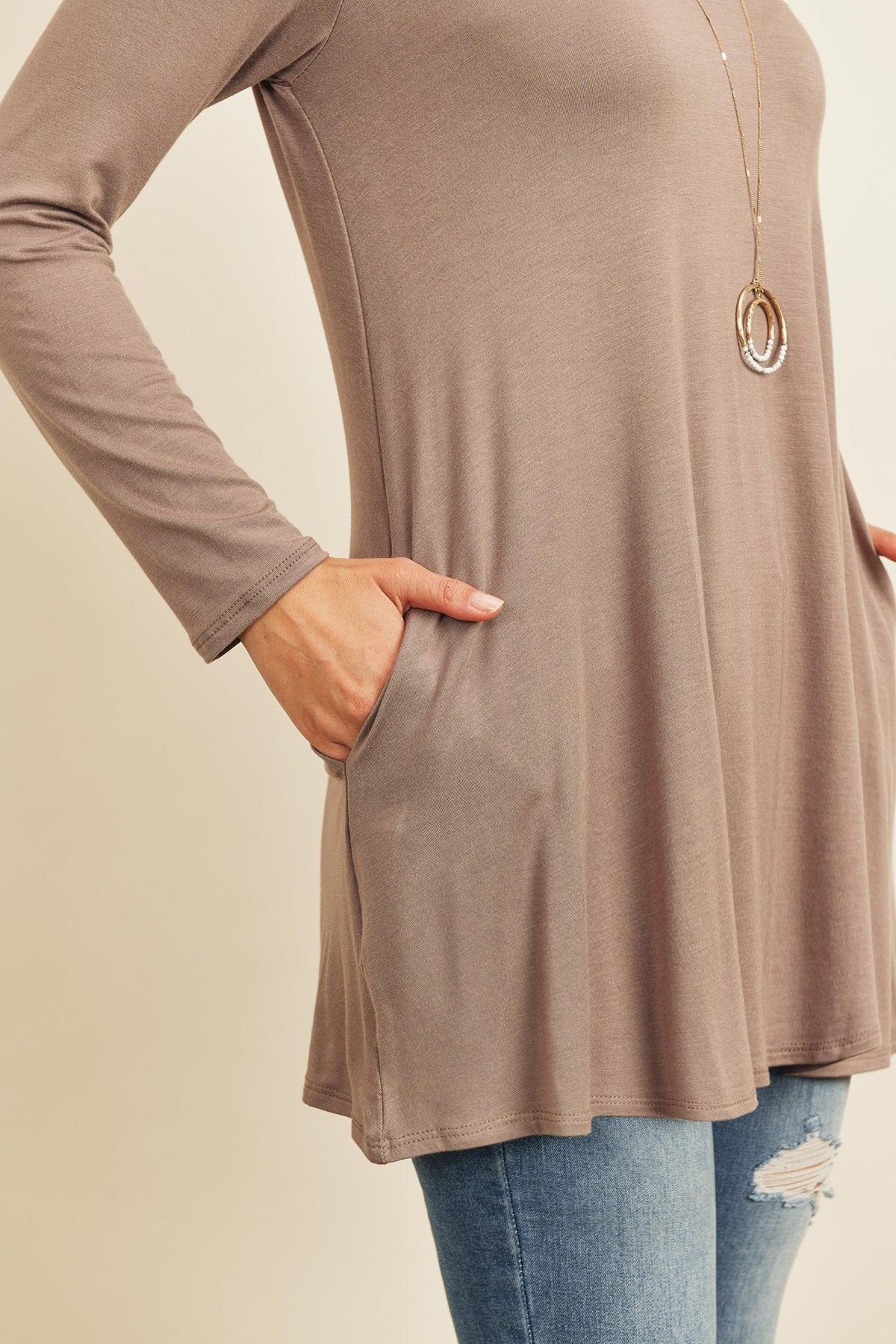 Solid Long Sleeve Top With Inseam Pocket
