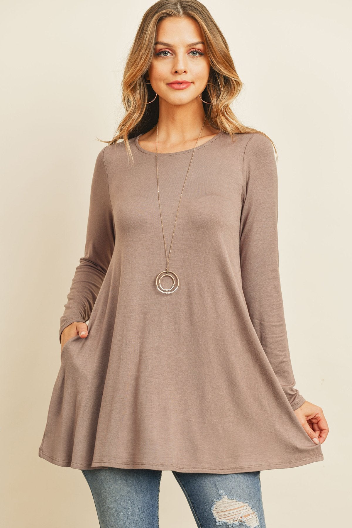 Solid Long Sleeve Top With Inseam Pocket