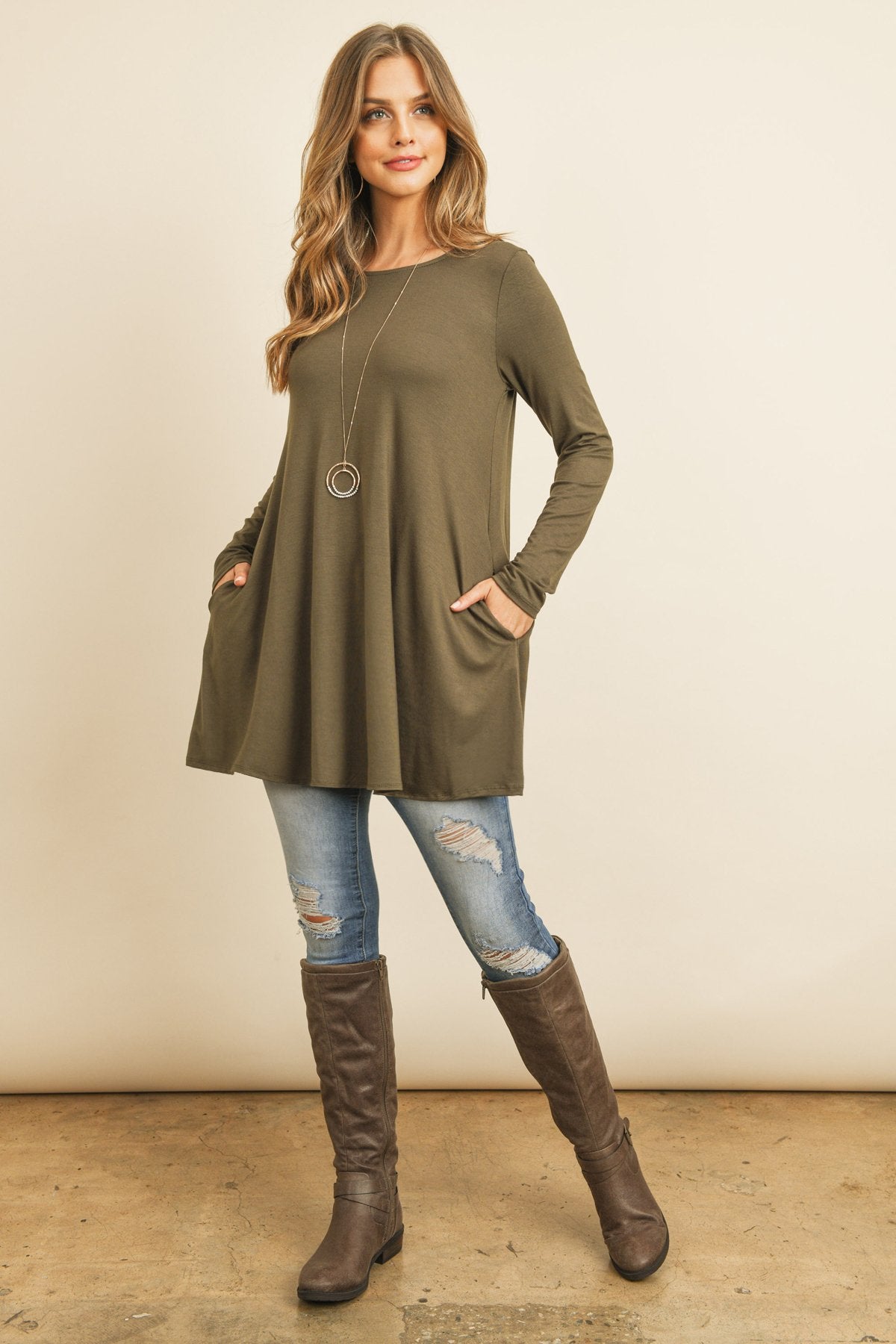 Solid Long Sleeve Top With Inseam Pocket