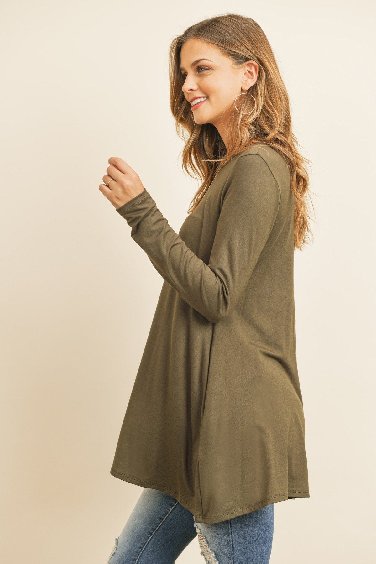 Solid Long Sleeve Top With Inseam Pocket