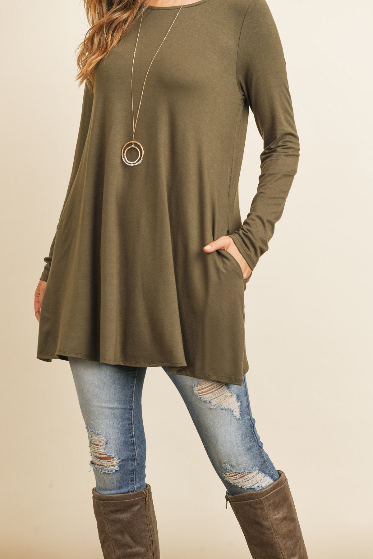 Solid Long Sleeve Top With Inseam Pocket
