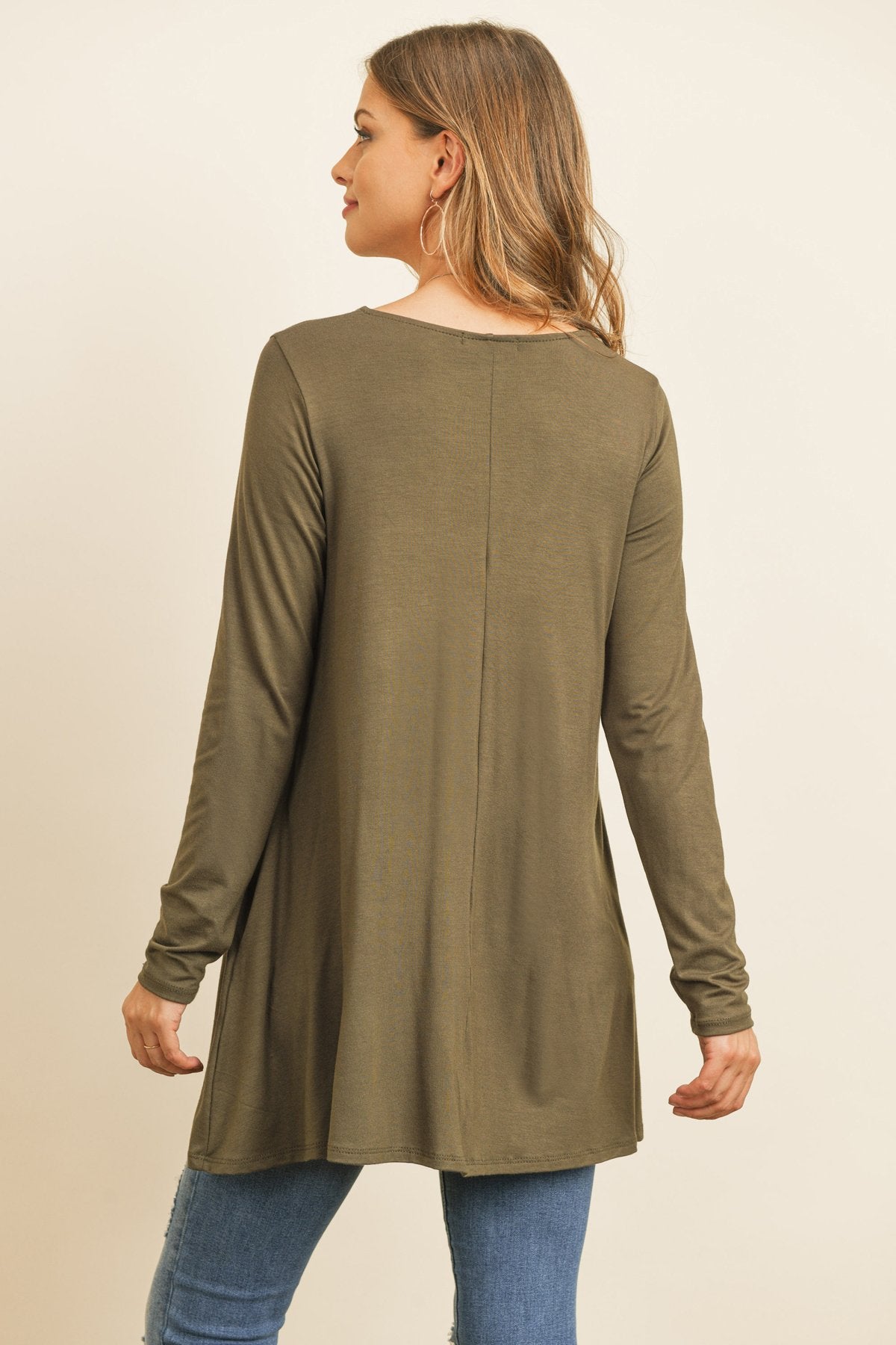 Solid Long Sleeve Top With Inseam Pocket